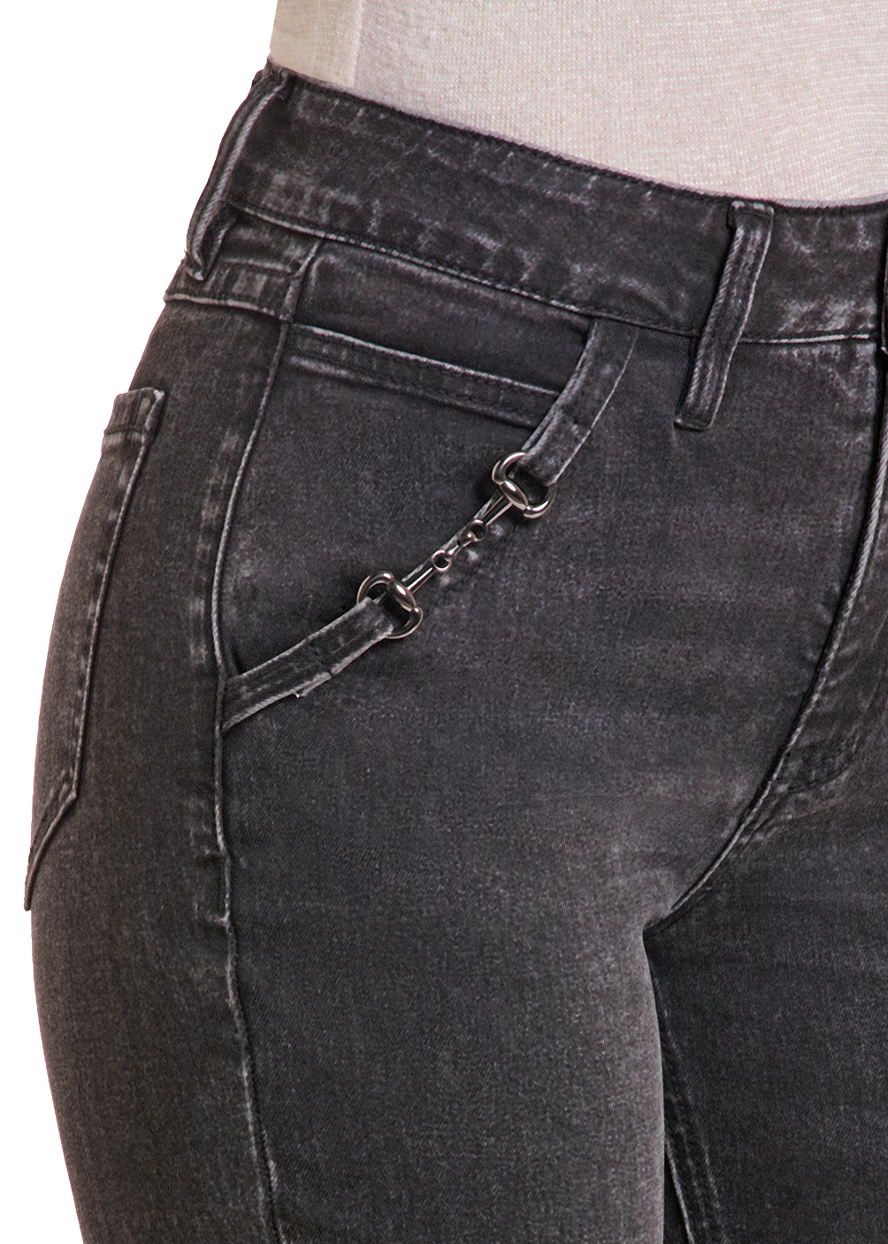 Detail image of women's pocket on black a pair of black jeans. 