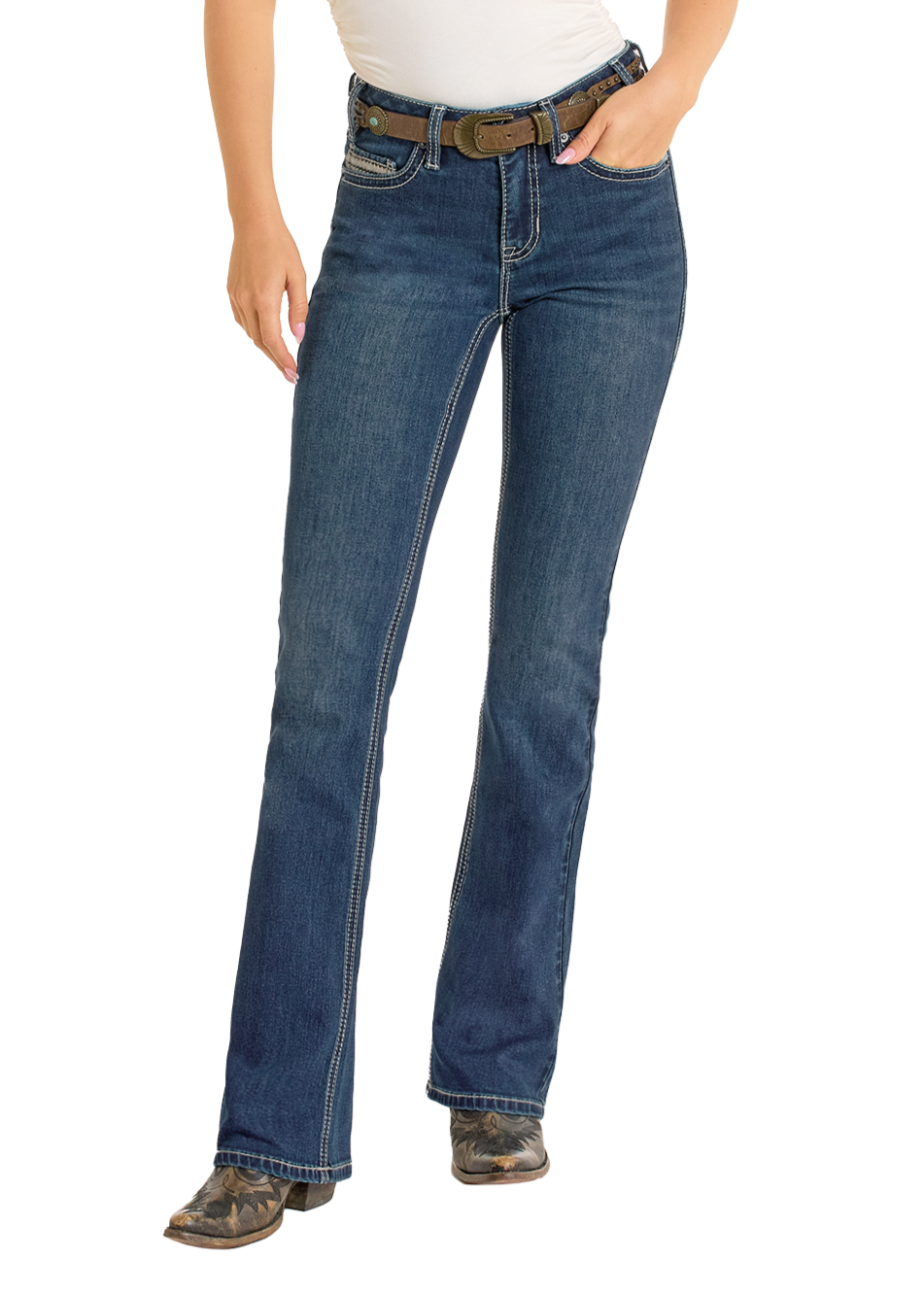 Women's High Rise Star Pocket Modest Bootcut Jeans Rock Roll Denim