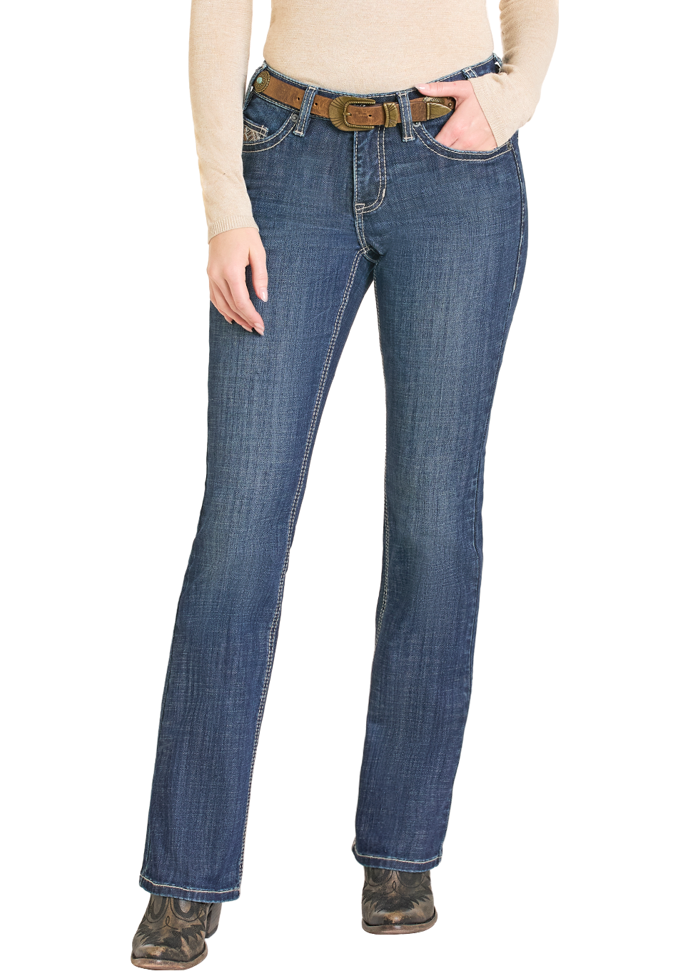 Blue jeans worn by a person on a white background