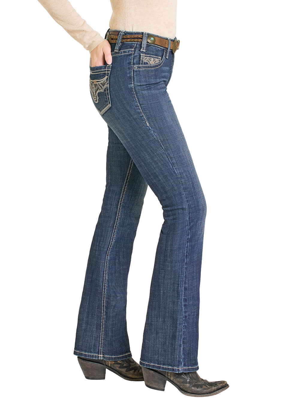 Blue jeans worn by a person on a white background