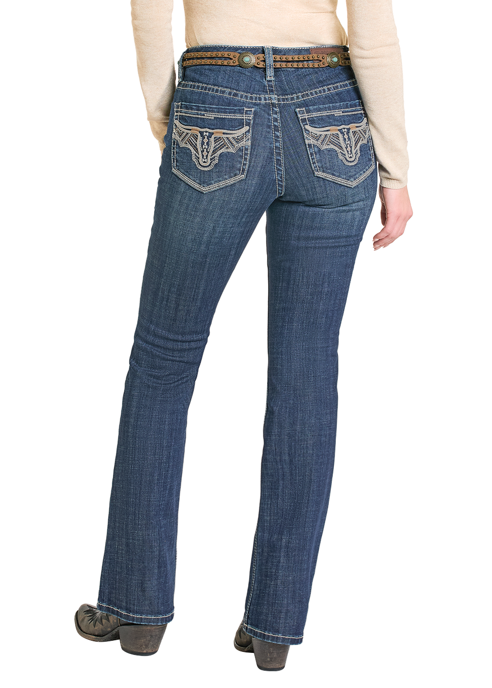 Blue jeans with decorative stitching on a white background
