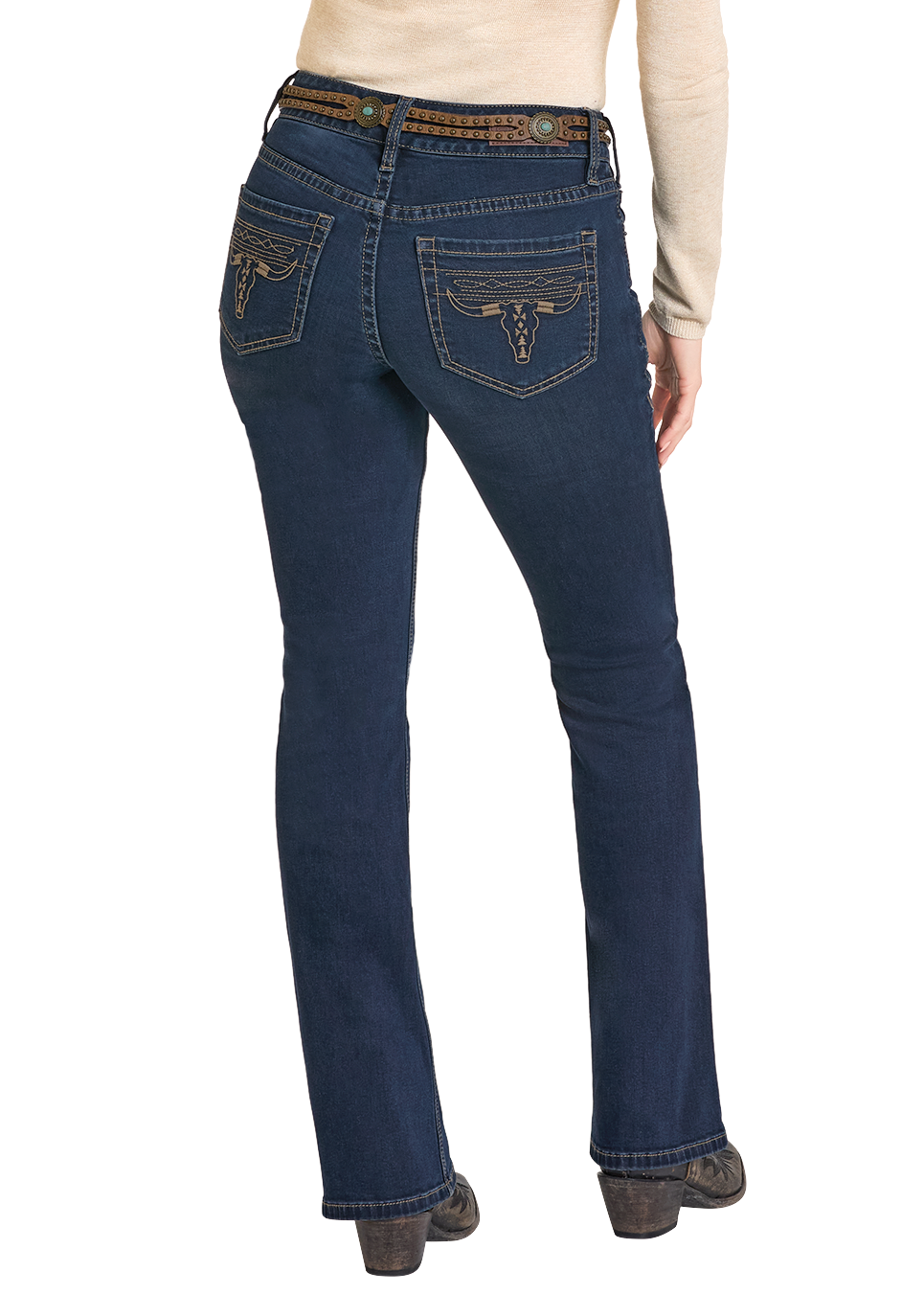 A person shown from the back wears Rock & Roll Denim Mid Rise Boot Stitch Steer Head Bootcut Jeans with embroidered longhorn back pockets, a beige long-sleeve top, and brown heeled shoes.