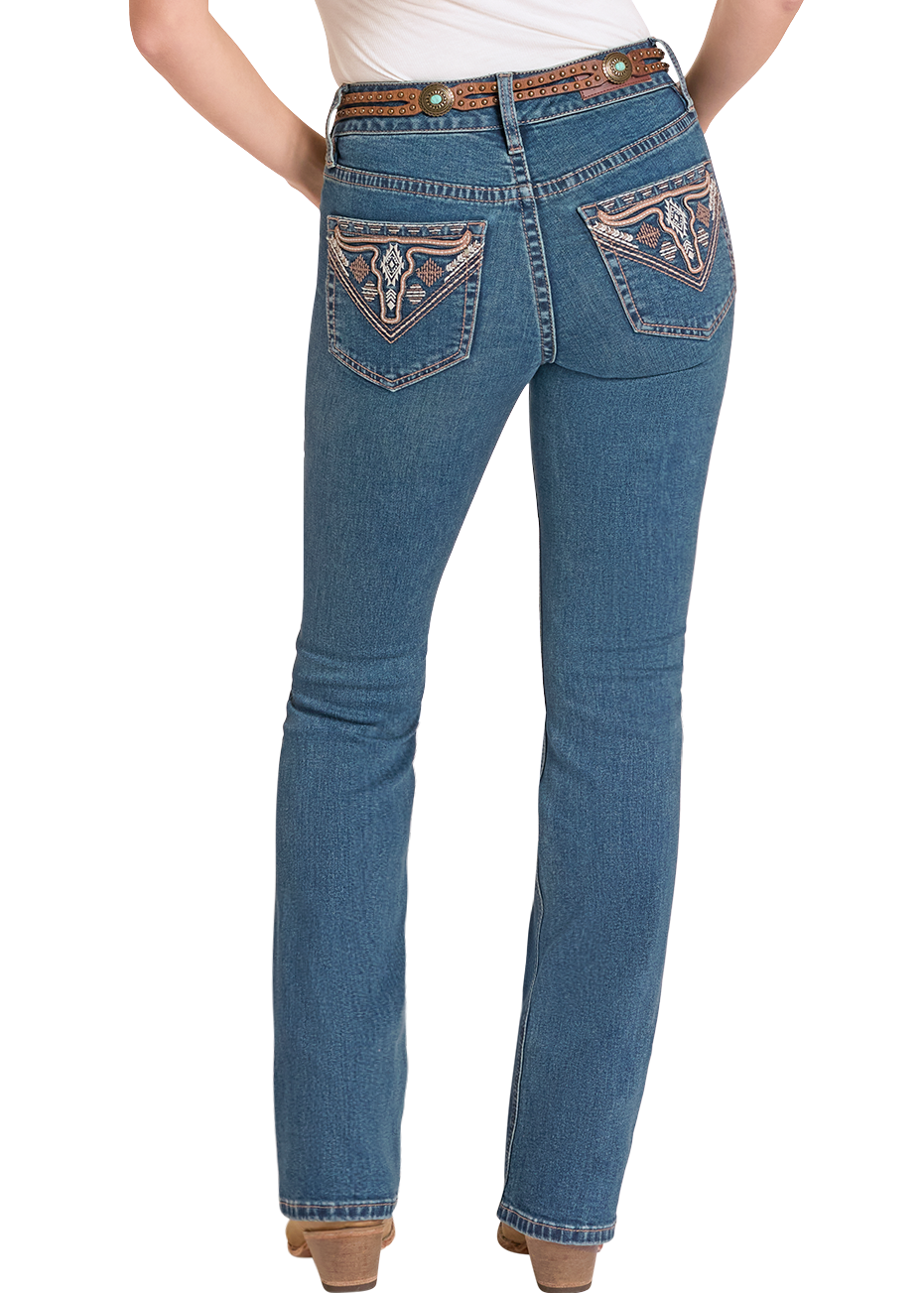Blue jeans with decorative stitching on a white background