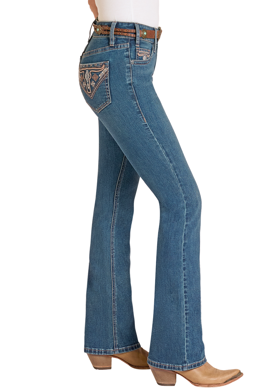 Blue jeans with a brand logo on a white background