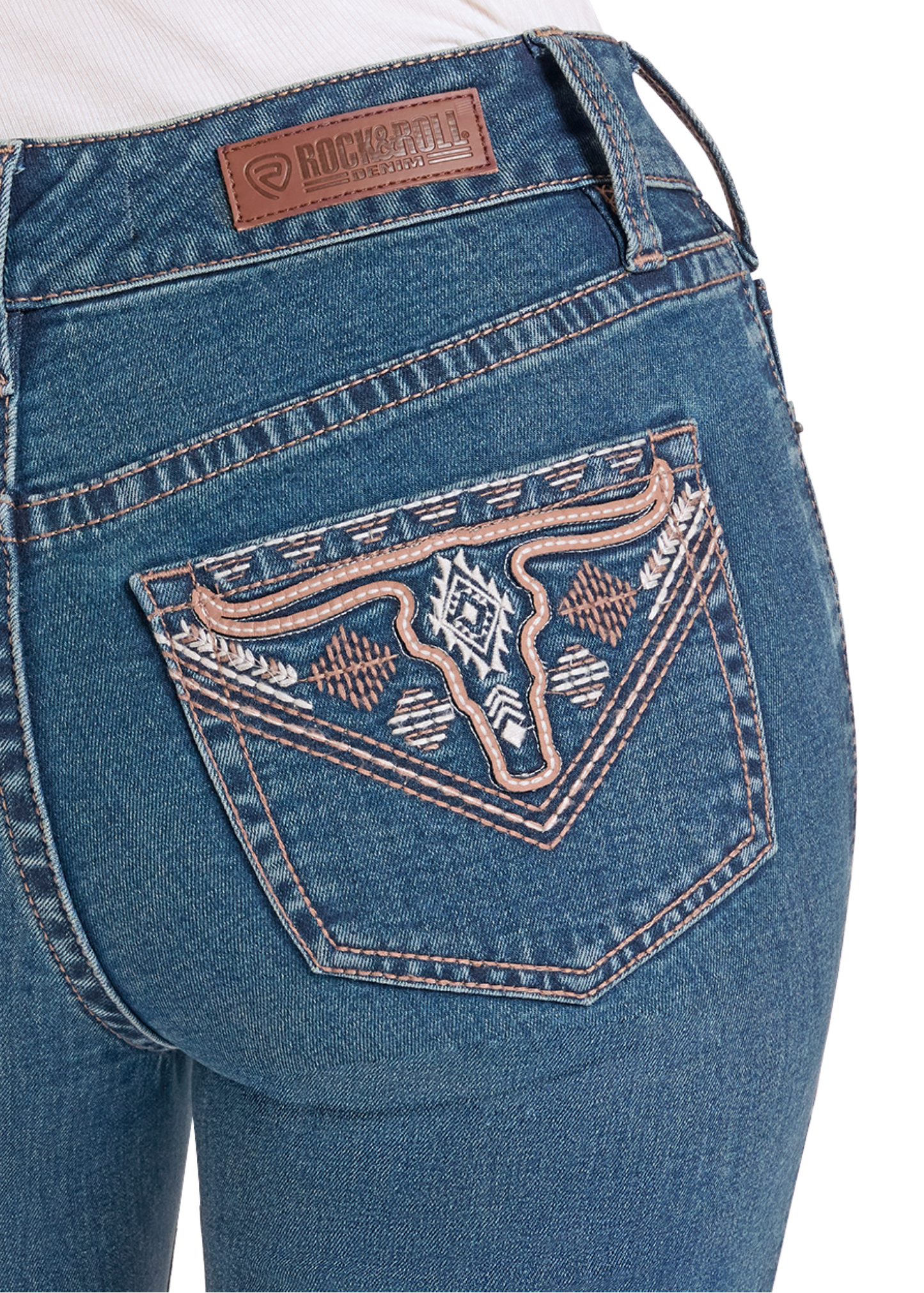 Close up of a steer embroidered pocket on jeans. 