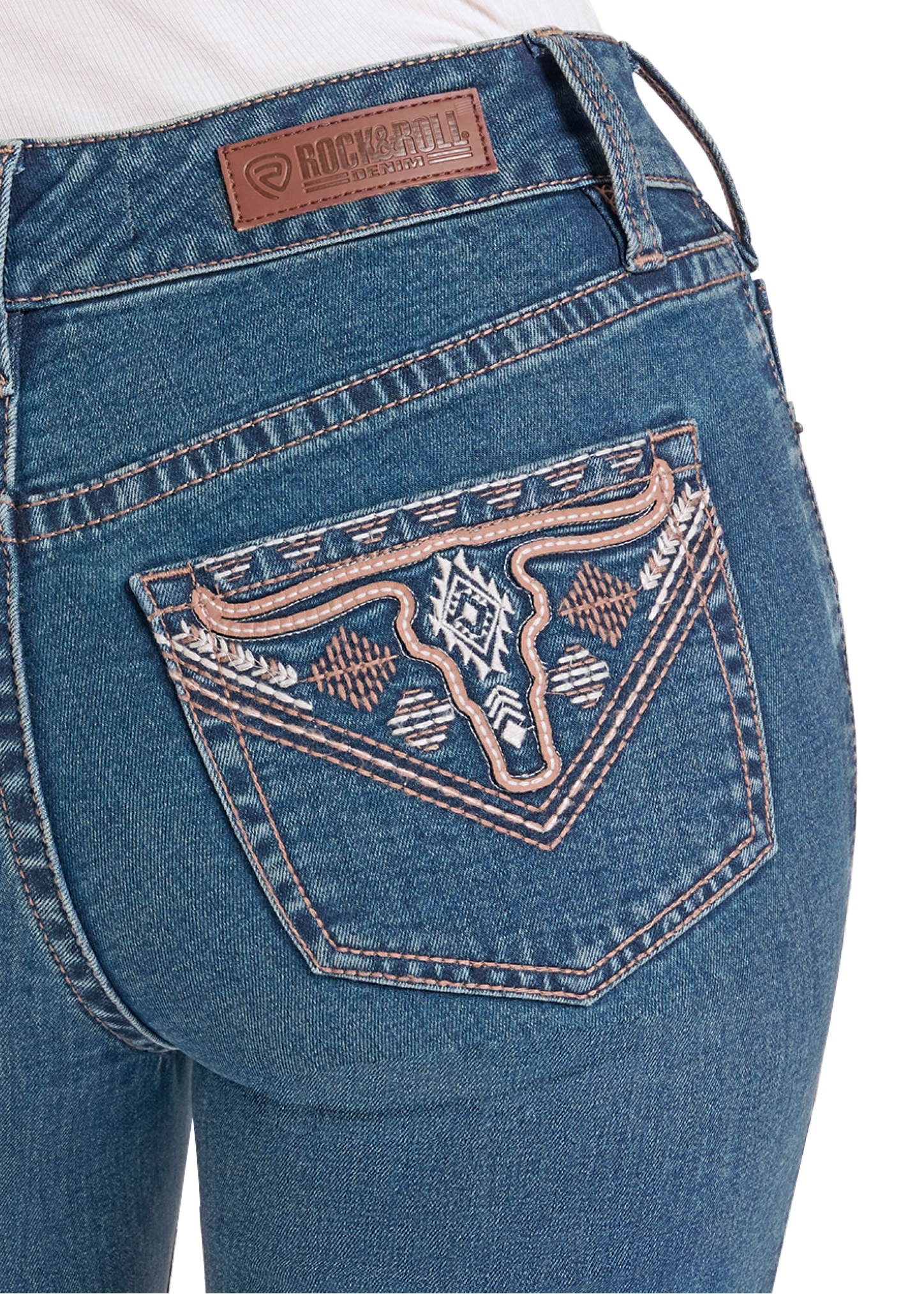Close up of a steer embroidered pocket on jeans. 