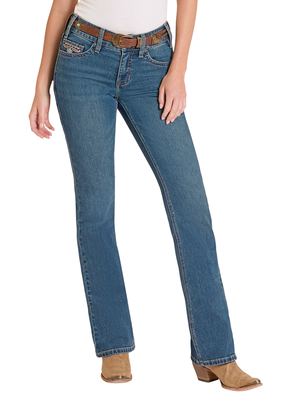 Blue jeans with decorative stitching on a white background