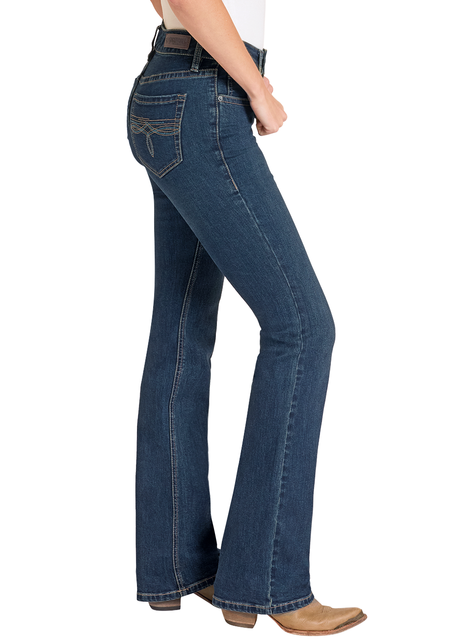 Side view of Woman wearing western bootcut jeans. 