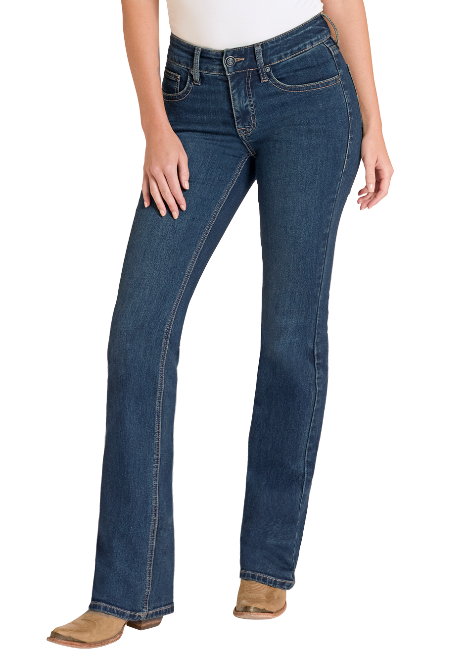 Blue jeans worn by a person on a white background