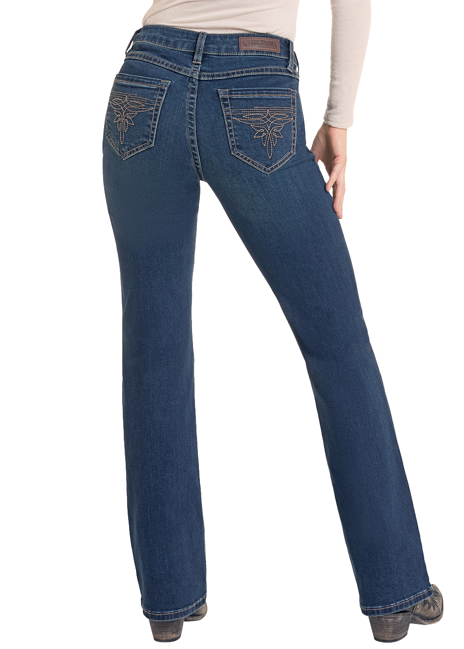 The back of a woman wearing bootcut boot stitch pocket jeans.  