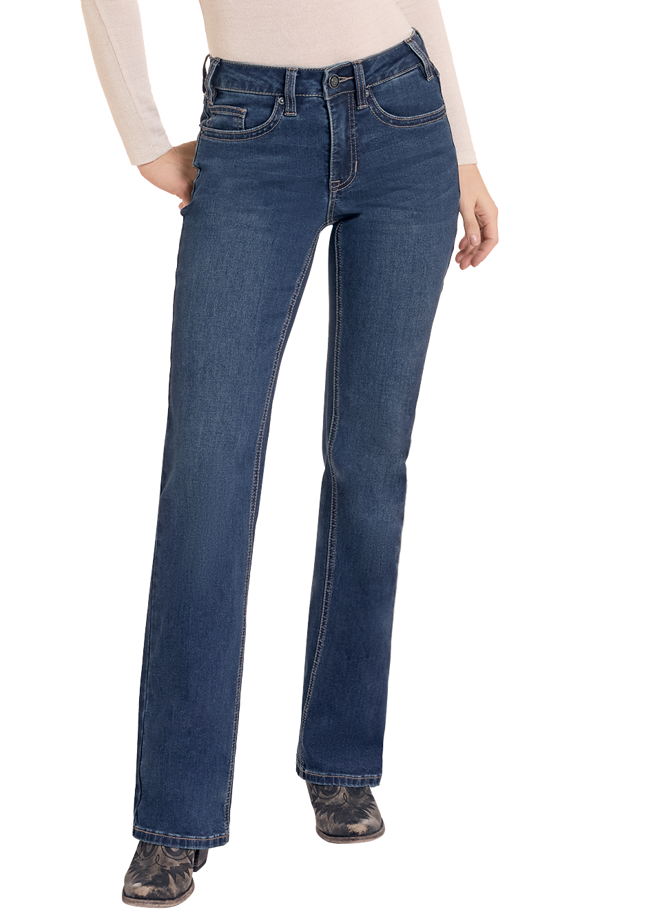 Woman wearing bootcut jeans. 