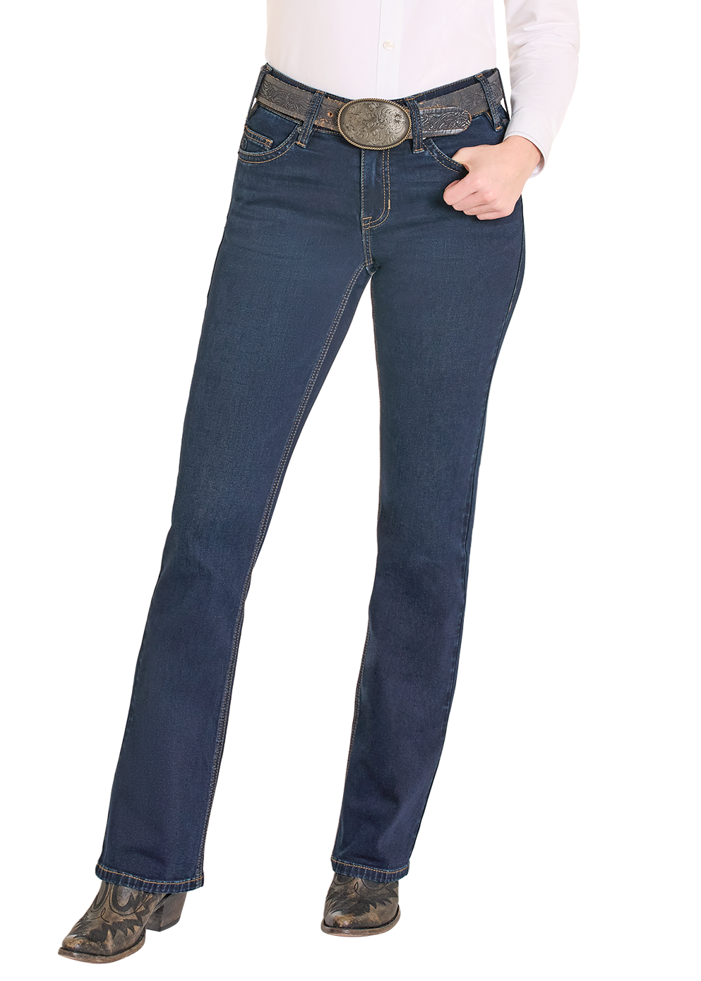 Woman wearing a white shirt, blue jeans, and a black cowboy hat on a white background