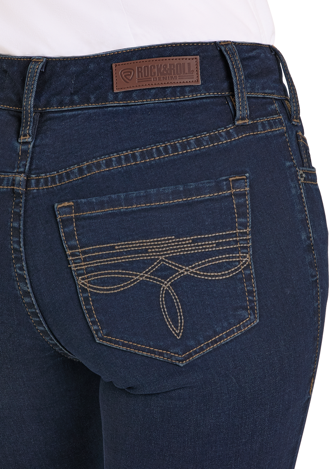 Blue jeans with a brand label on a white background