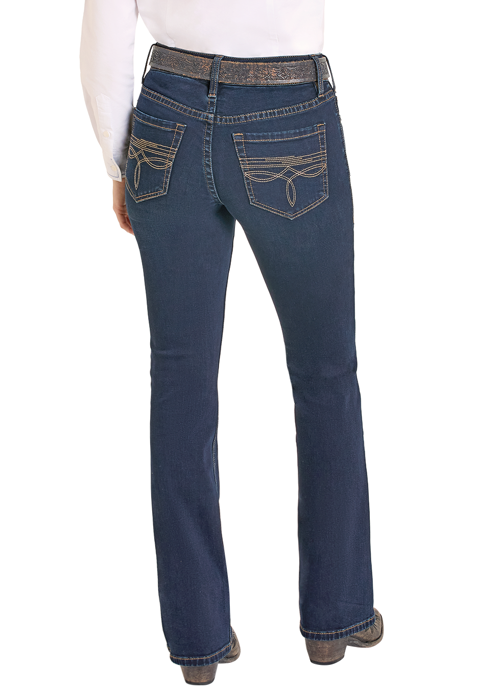 Woman wearing blue jeans and a black cowboy hat on a white background