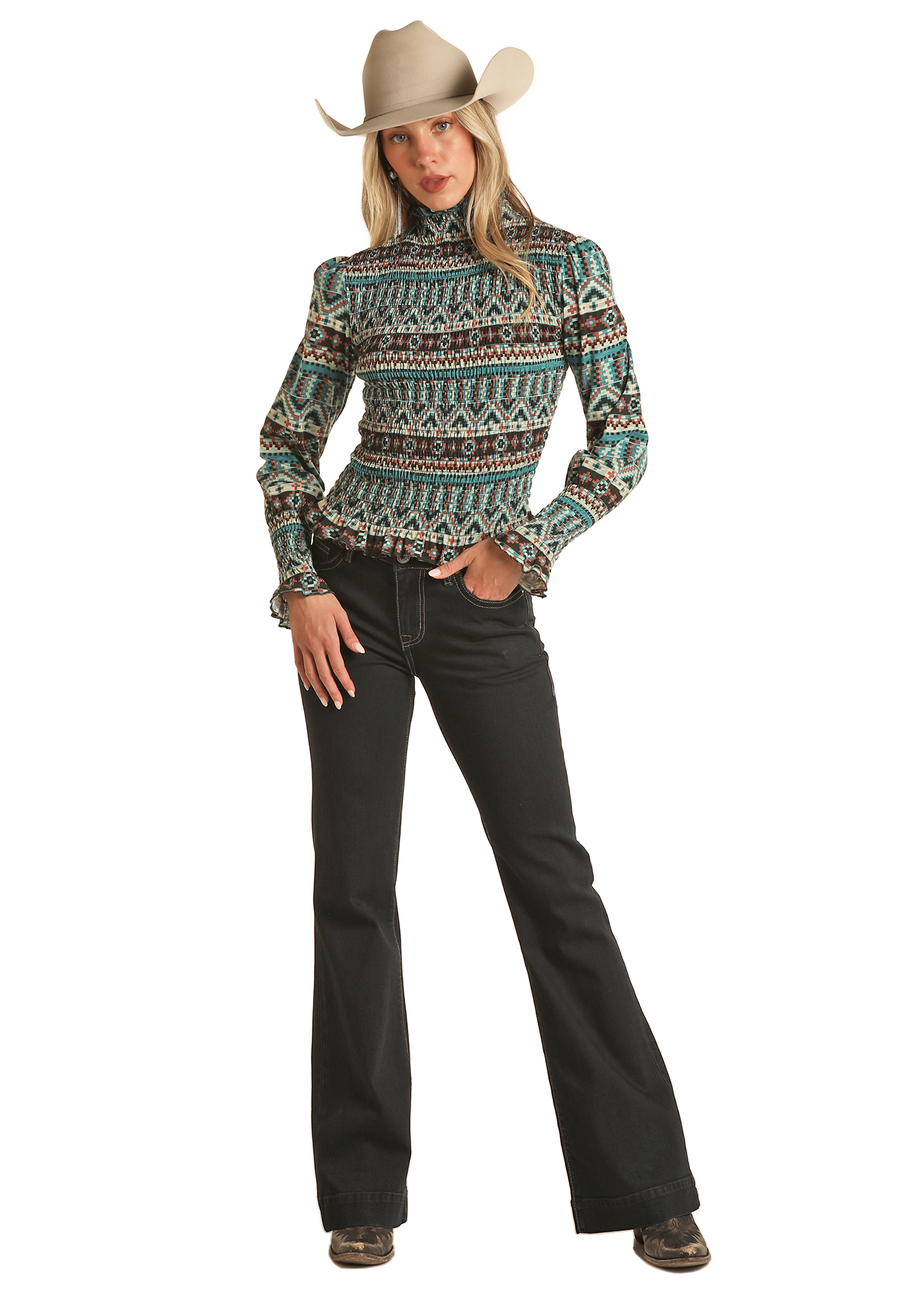 Aztec Smocked Long Sleeve Blouse