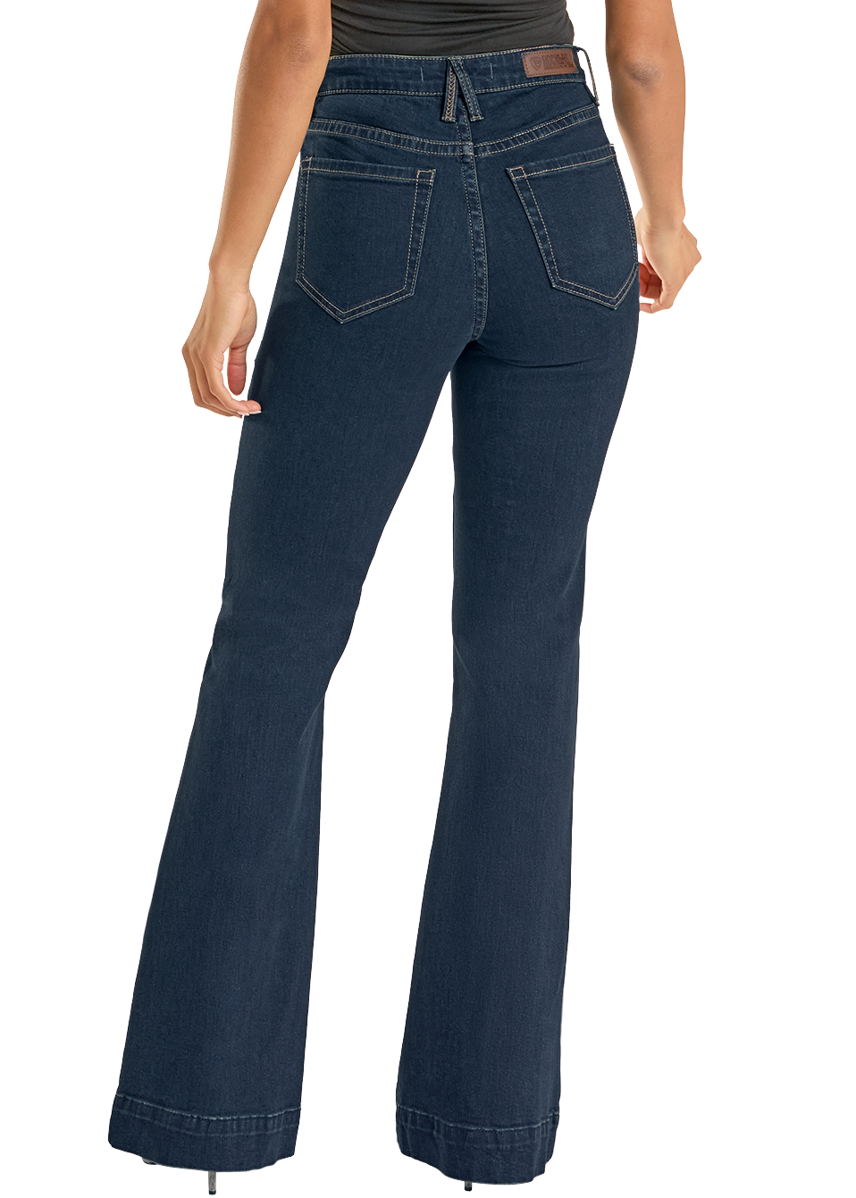 Woman wearing blue jeans on a white background
