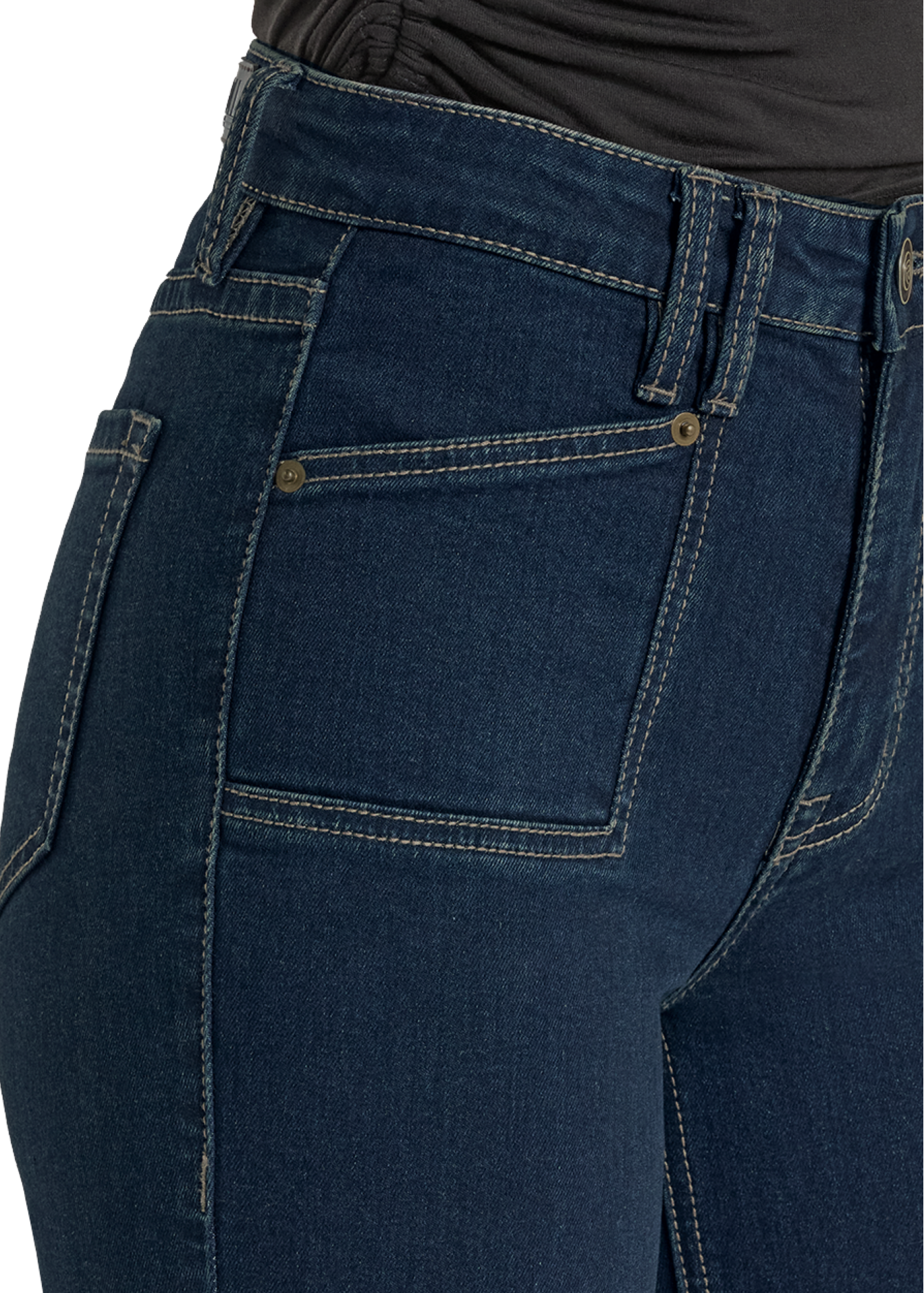 Close-up of dark blue jeans with a white background