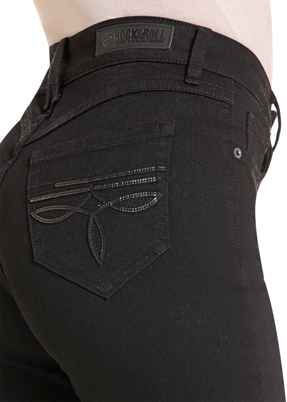 Detail of a black denim pocket with black leather stitching. 