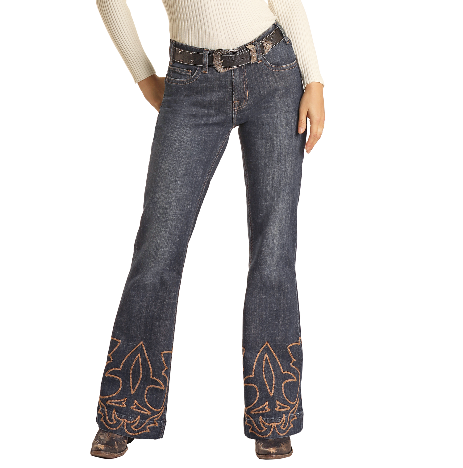 Embroidered Flare Mid Rise Trouser Jeans