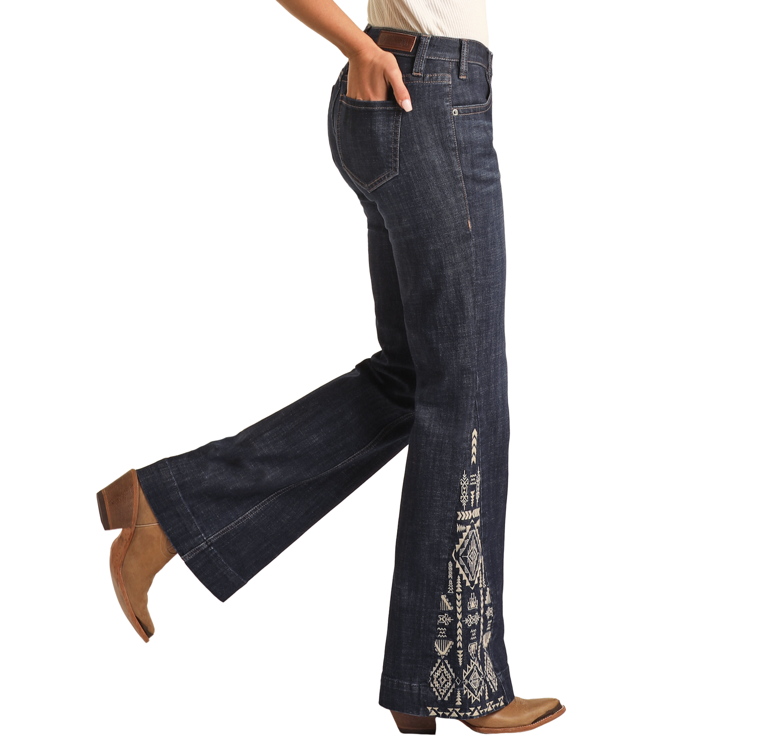 Side Insert Embroidered Flare Mid Rise Trousers