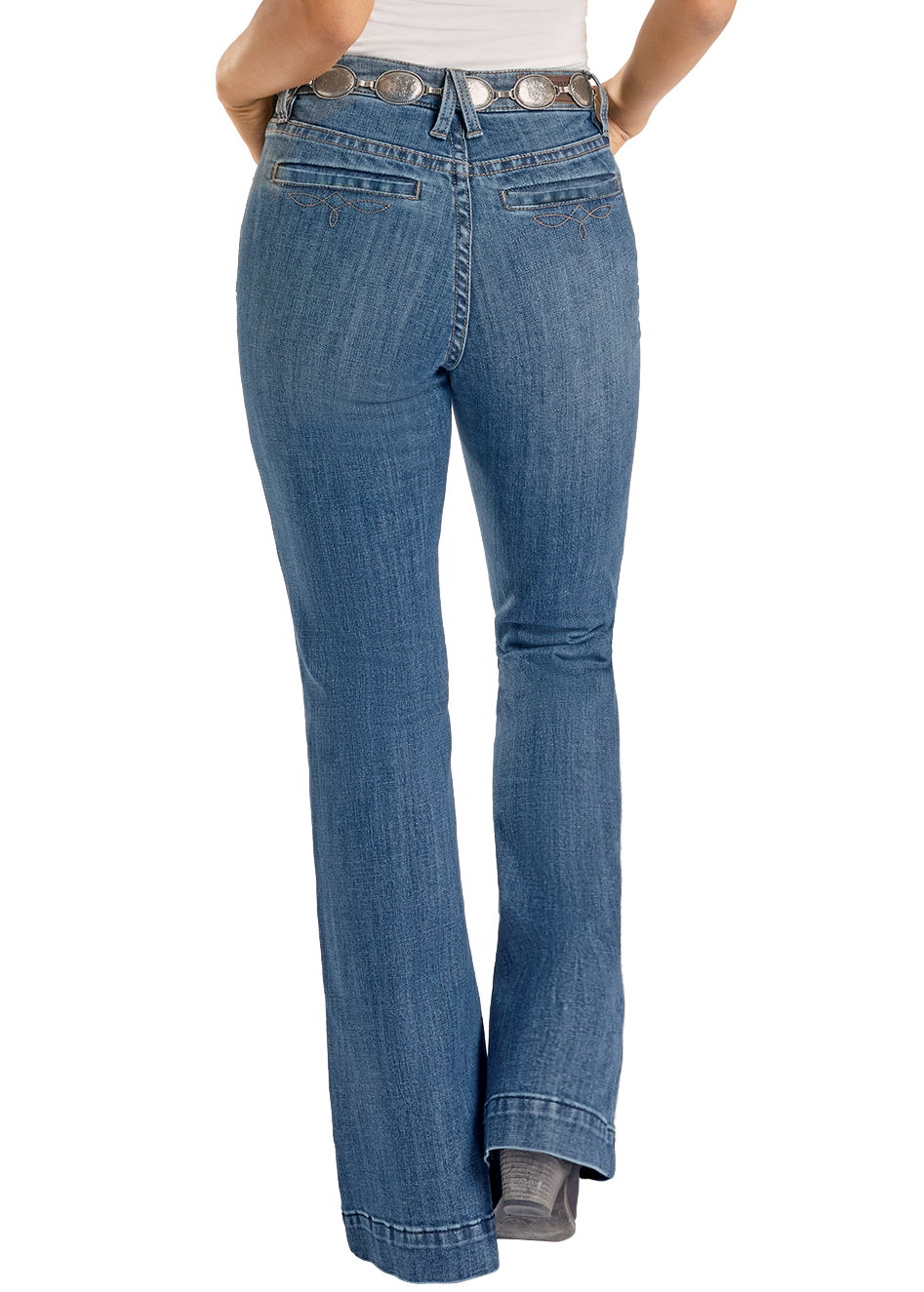 Woman wearing blue jeans and a white tank top on a white background