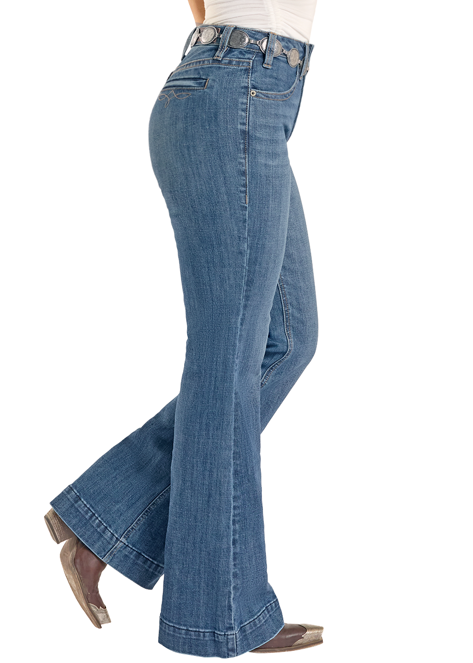 Blue flared jeans on a white background