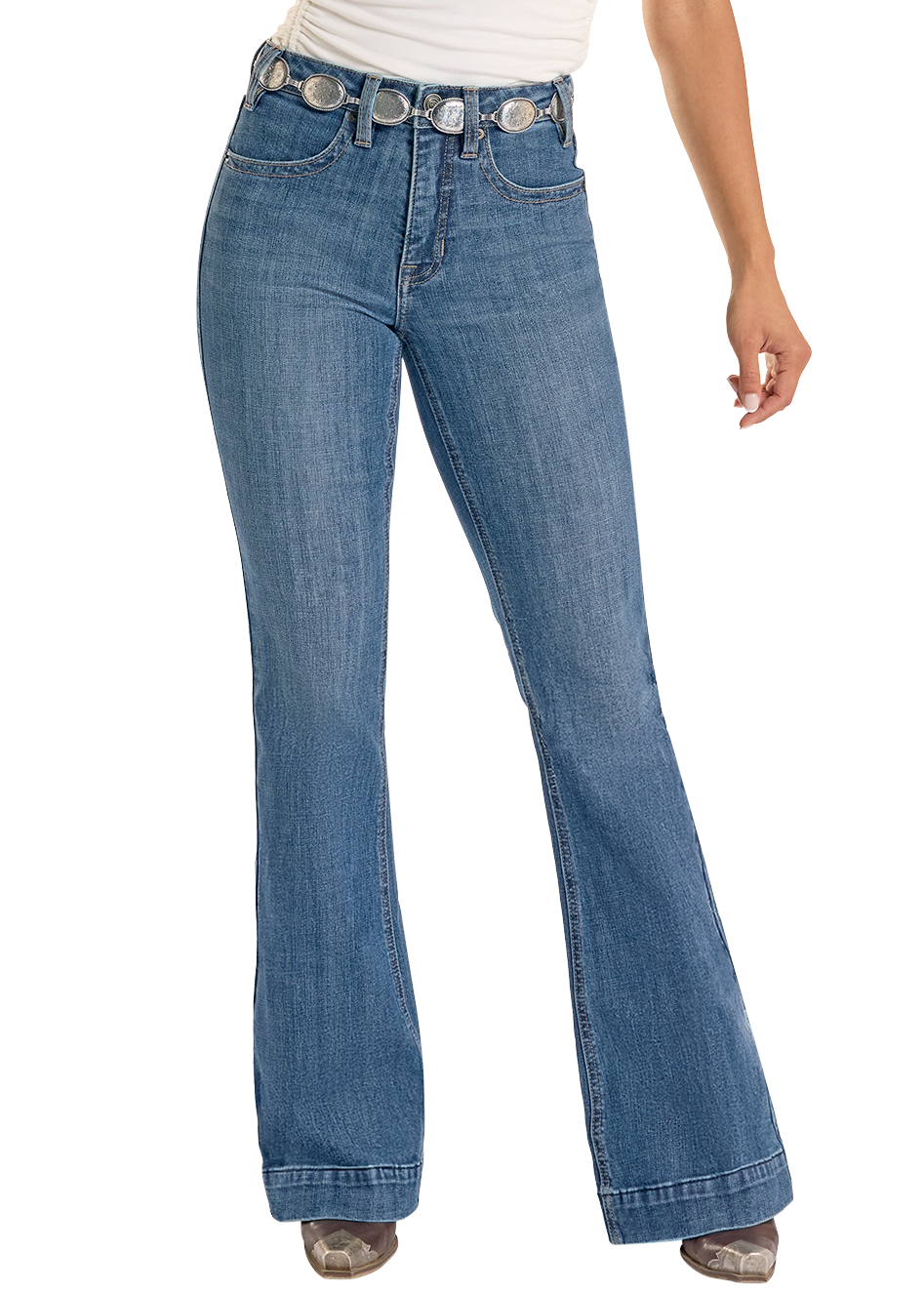 Blue flared jeans on a white background