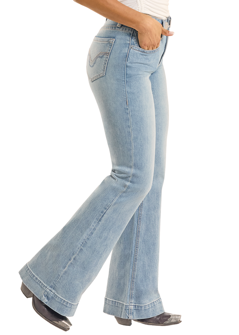 Side view of women's light wash jeans on a white background