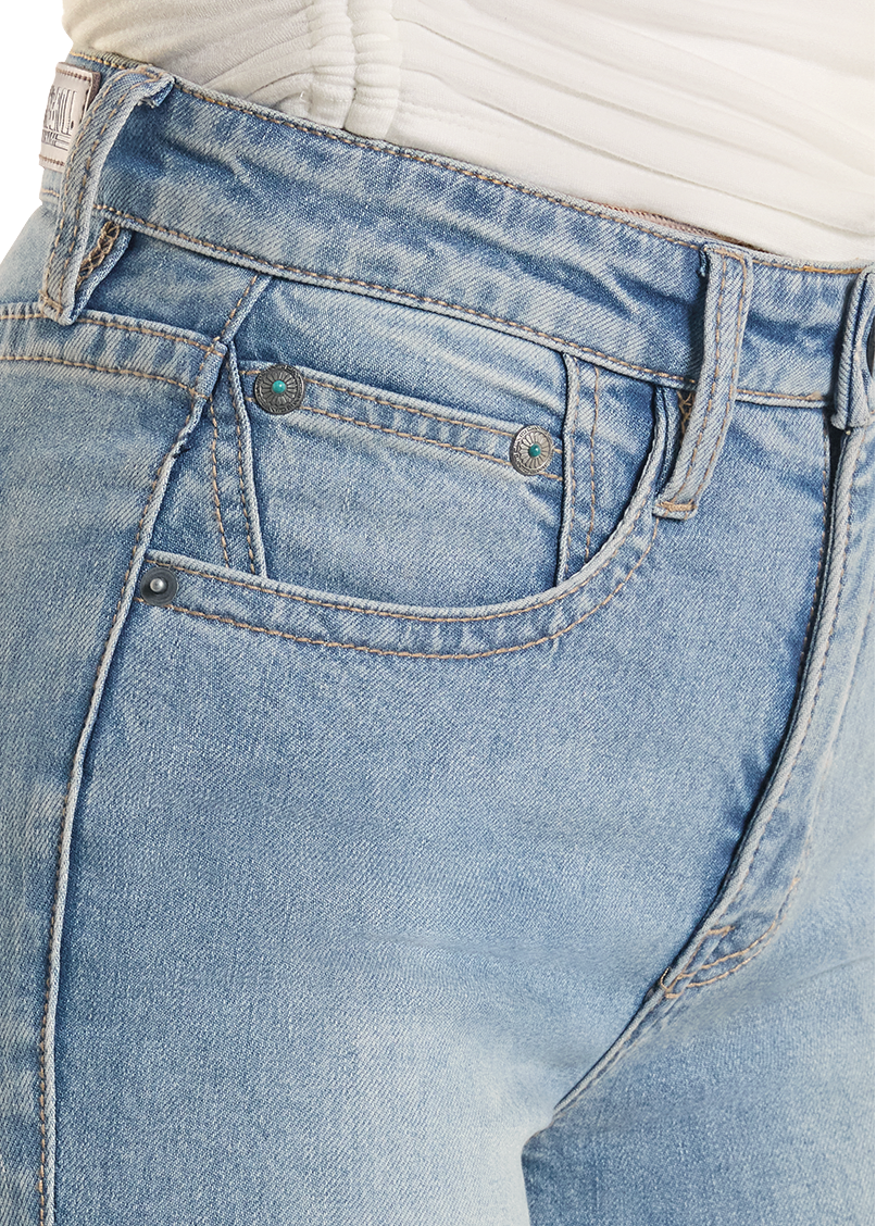 Close-up of blue jeans with front pocket details.