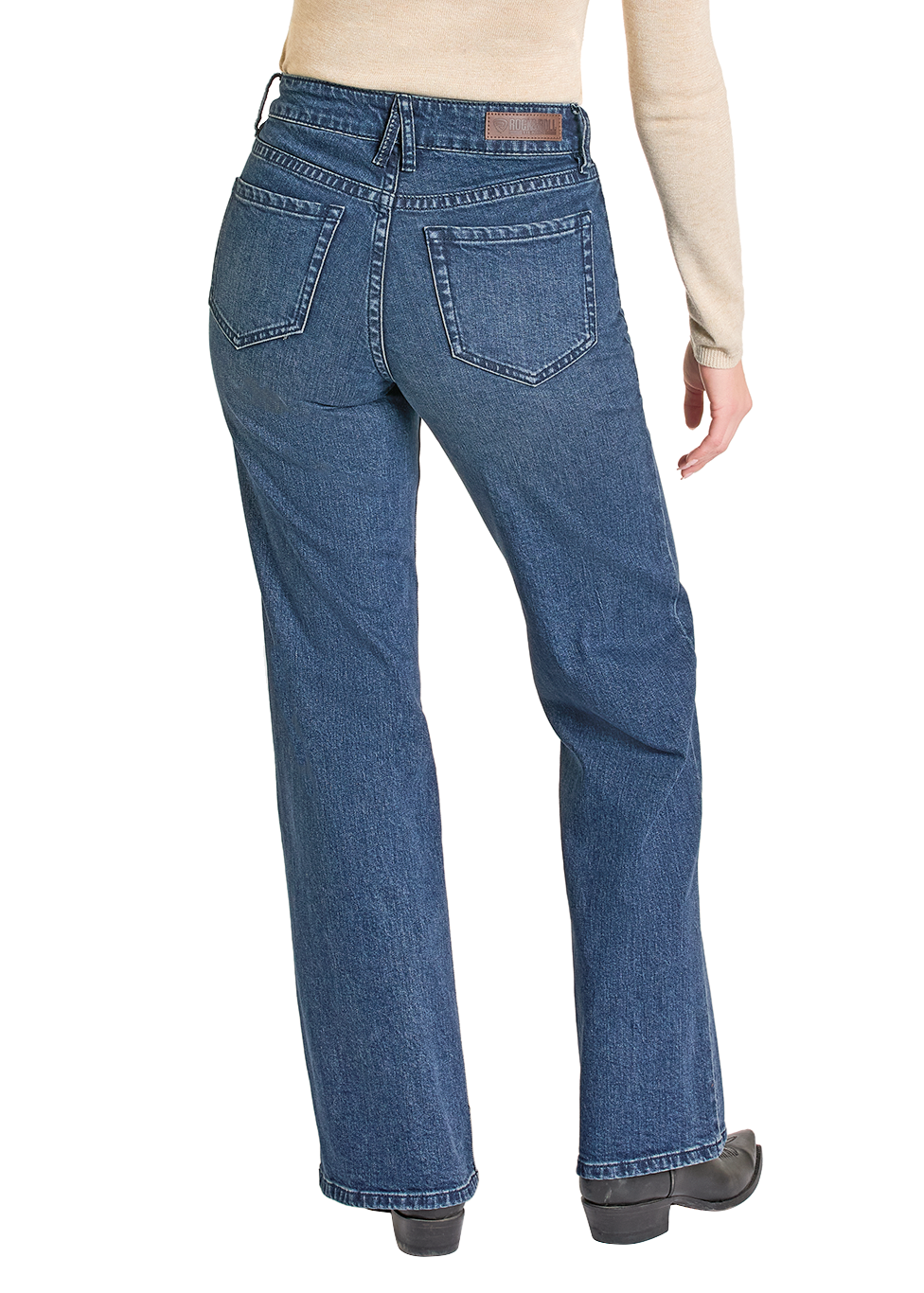 Person wearing blue jeans and a black cowboy hat on a white background