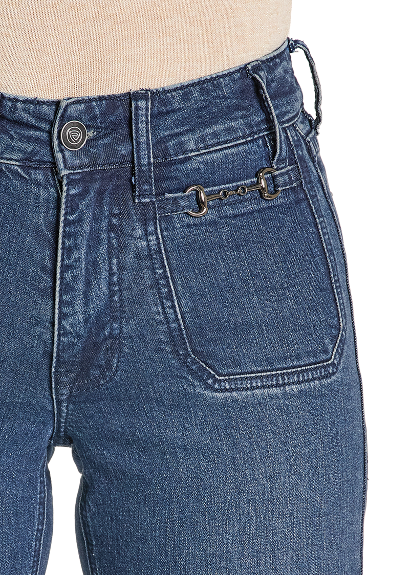 Blue jeans on a mannequin against a white background