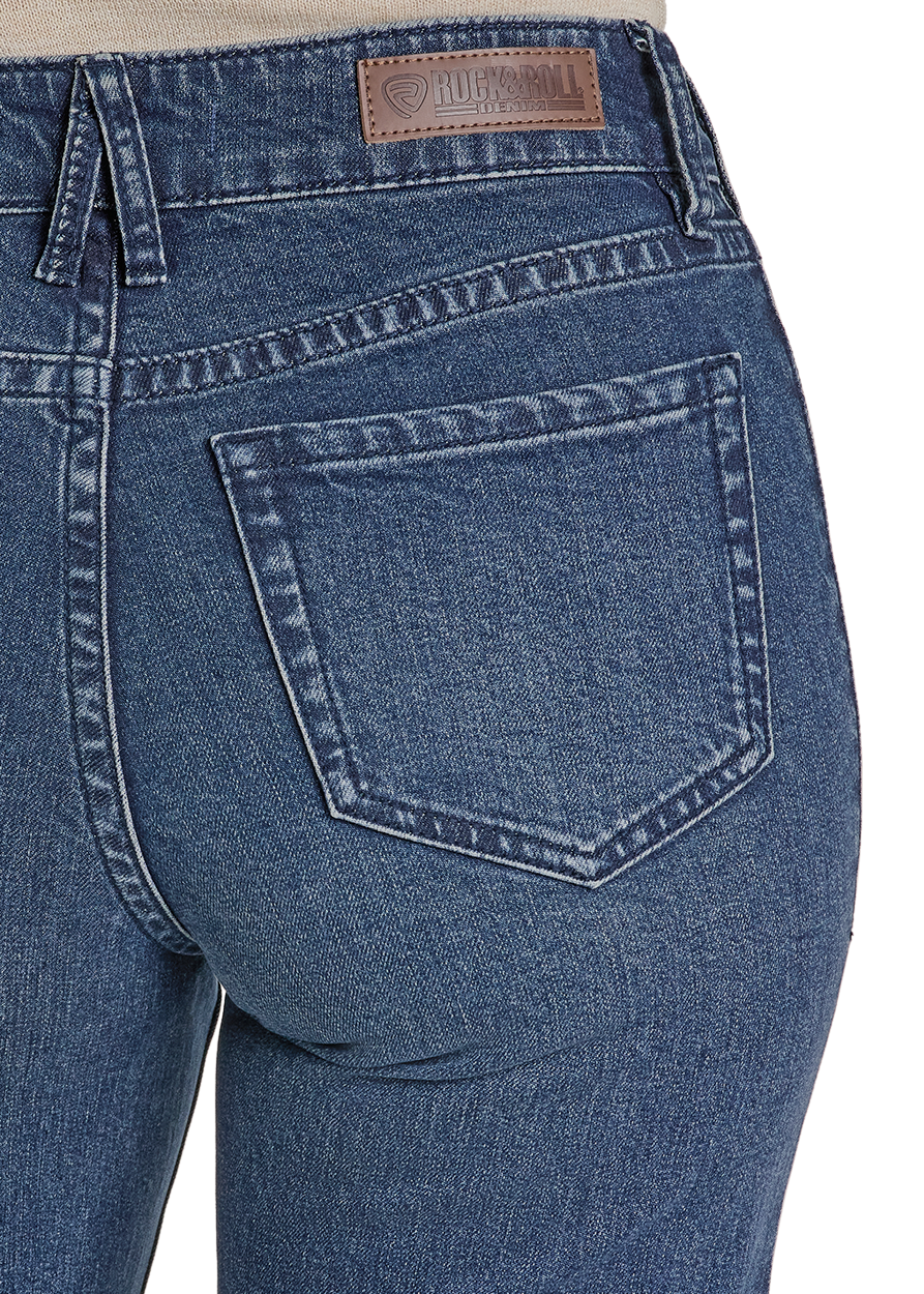 Blue jeans with a visible brand label on a white background
