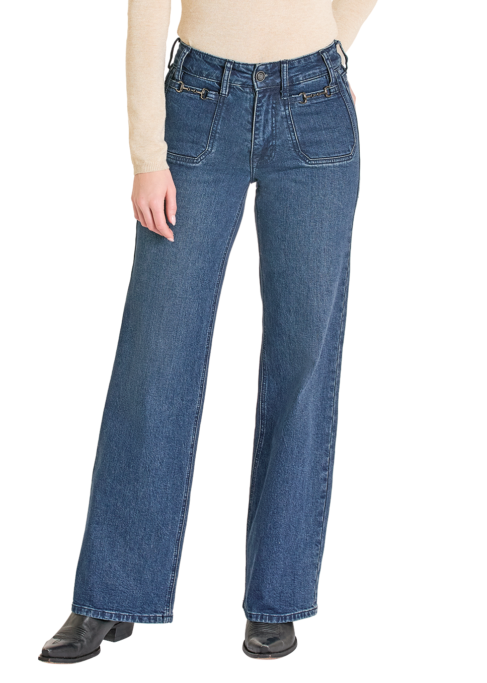 Person wearing a beige long-sleeve top, blue jeans, and a black cowboy hat on a white background