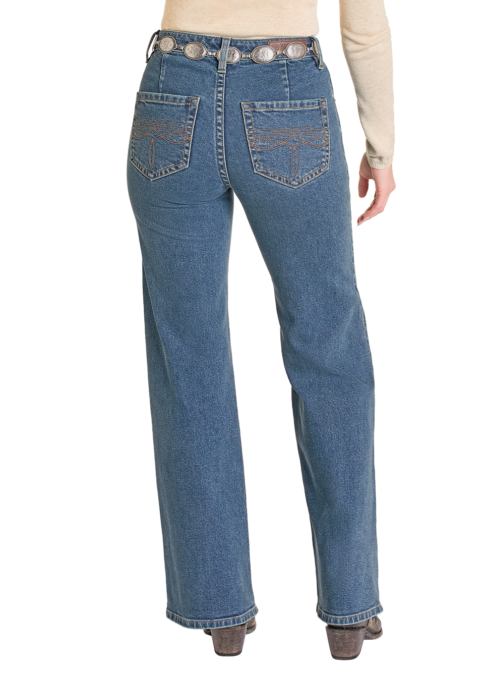 Person wearing blue jeans and a black hat on a white background