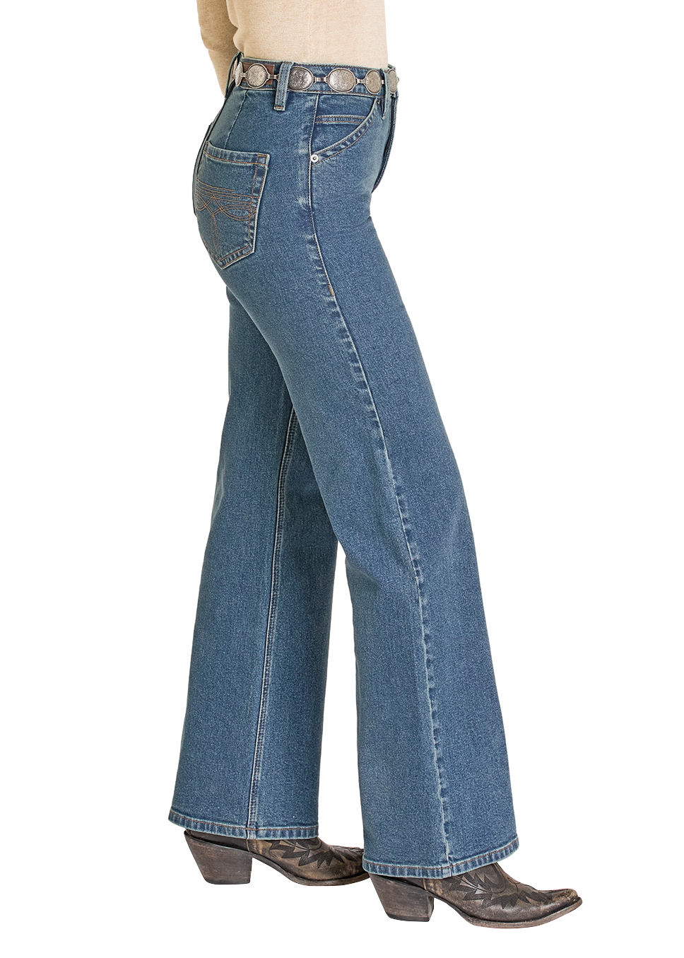 Woman wearing a black cowboy hat, beige shirt, and blue jeans on a white background