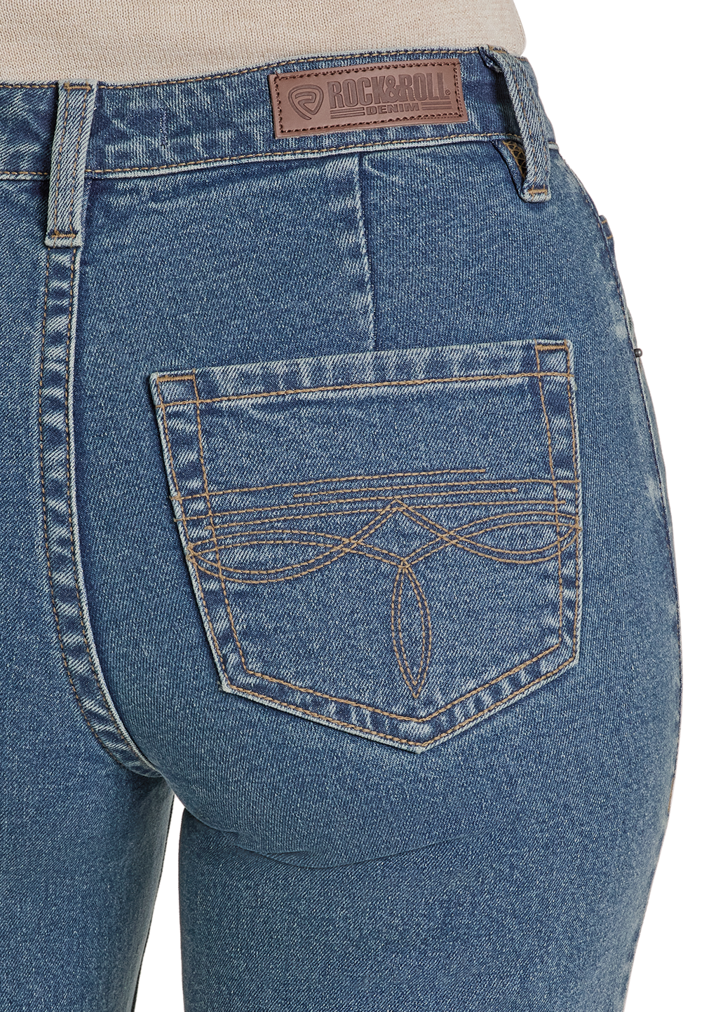 Blue jeans with a brand logo on a white background