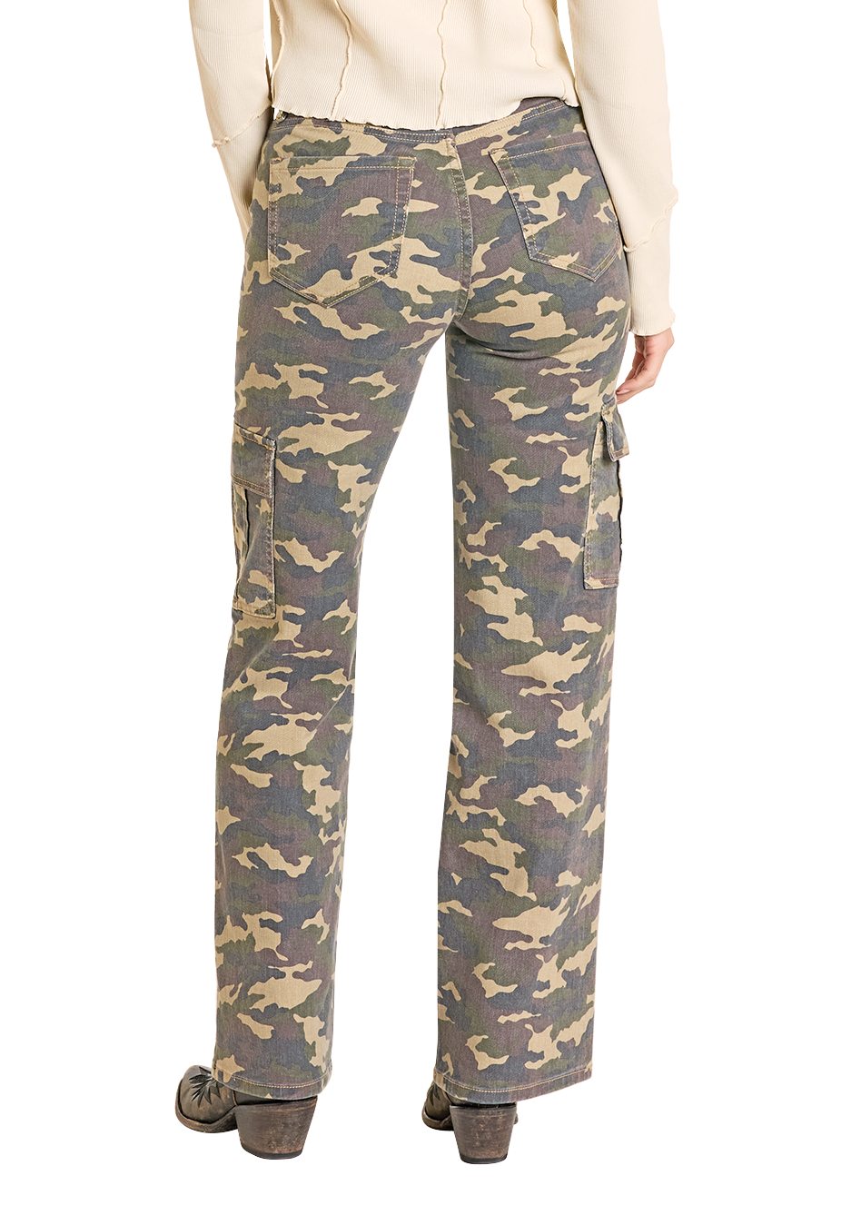 Person wearing camouflage pants and a beige hat on a white background