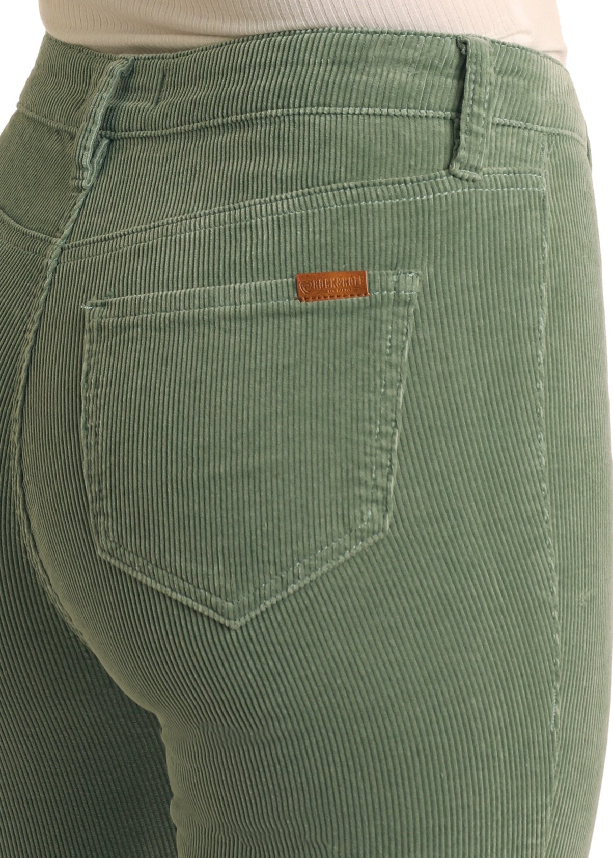 Green corduroy pants with a brand logo on a white background