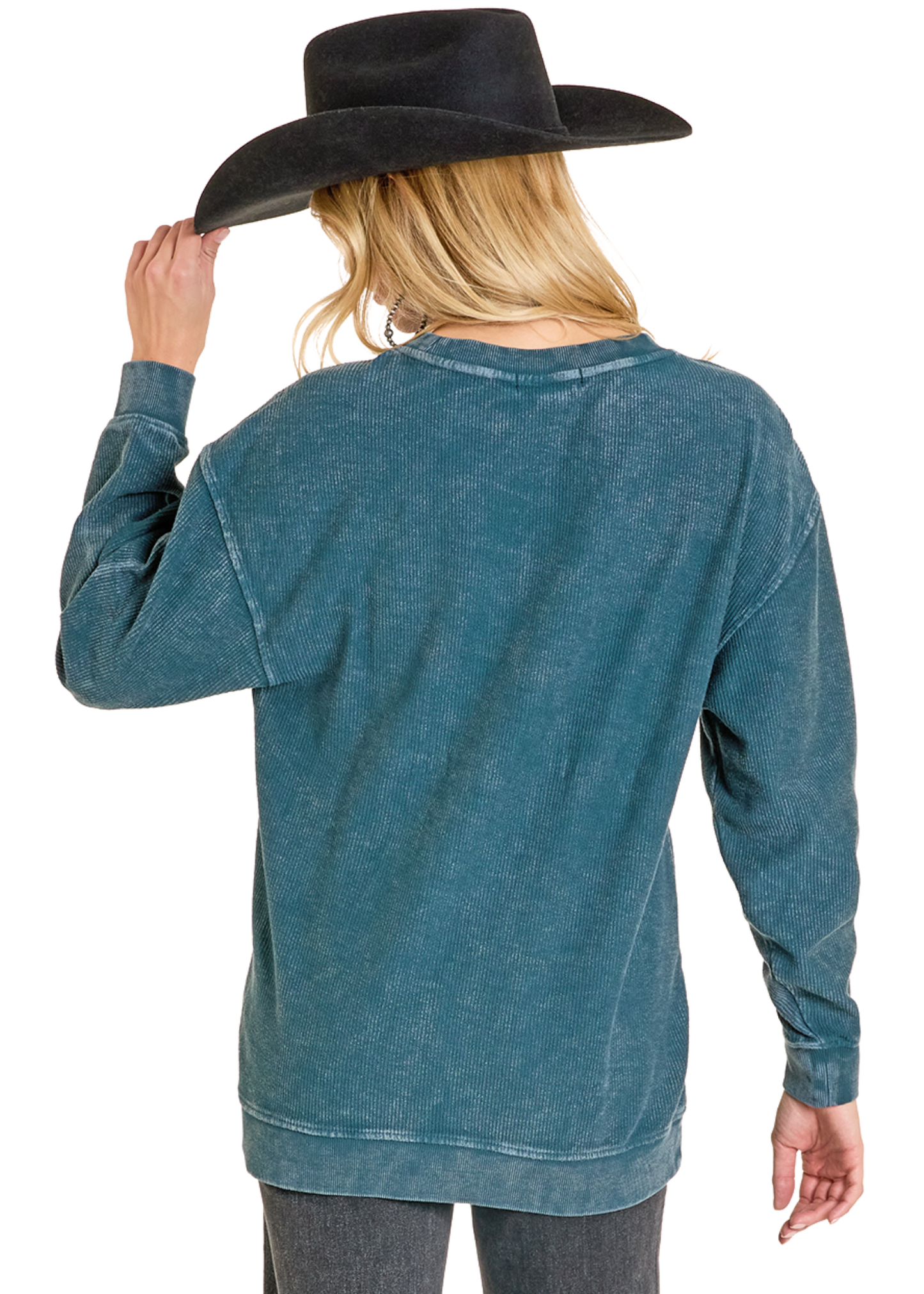 Person wearing a blue long-sleeve shirt and black cowboy hat on a white background