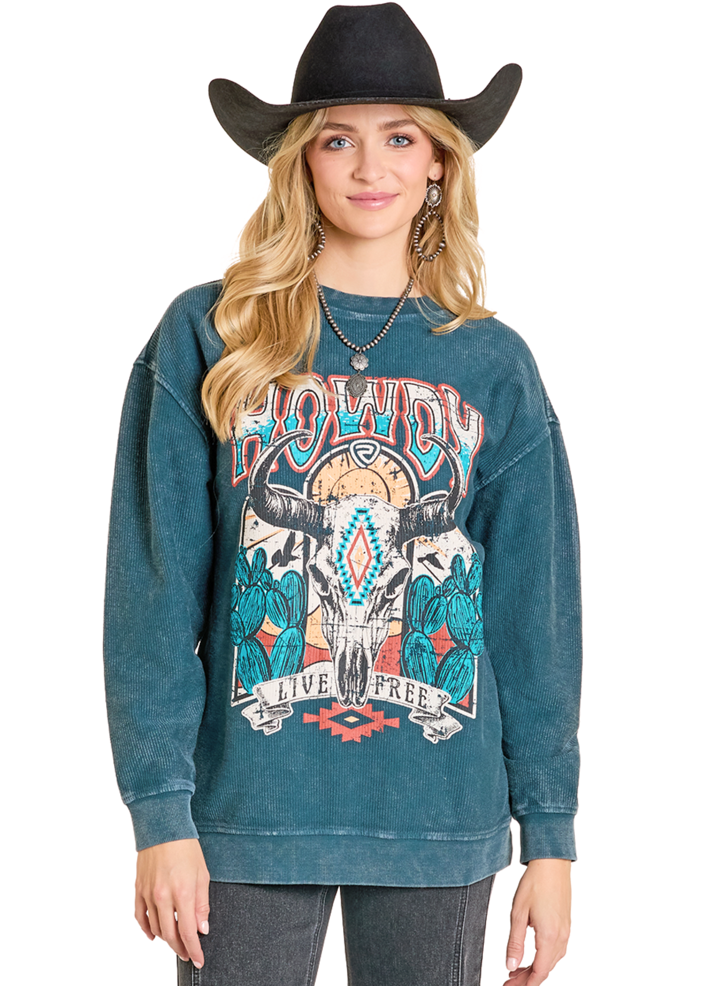Woman wearing a blue graphic sweatshirt with a cowboy hat on a white background