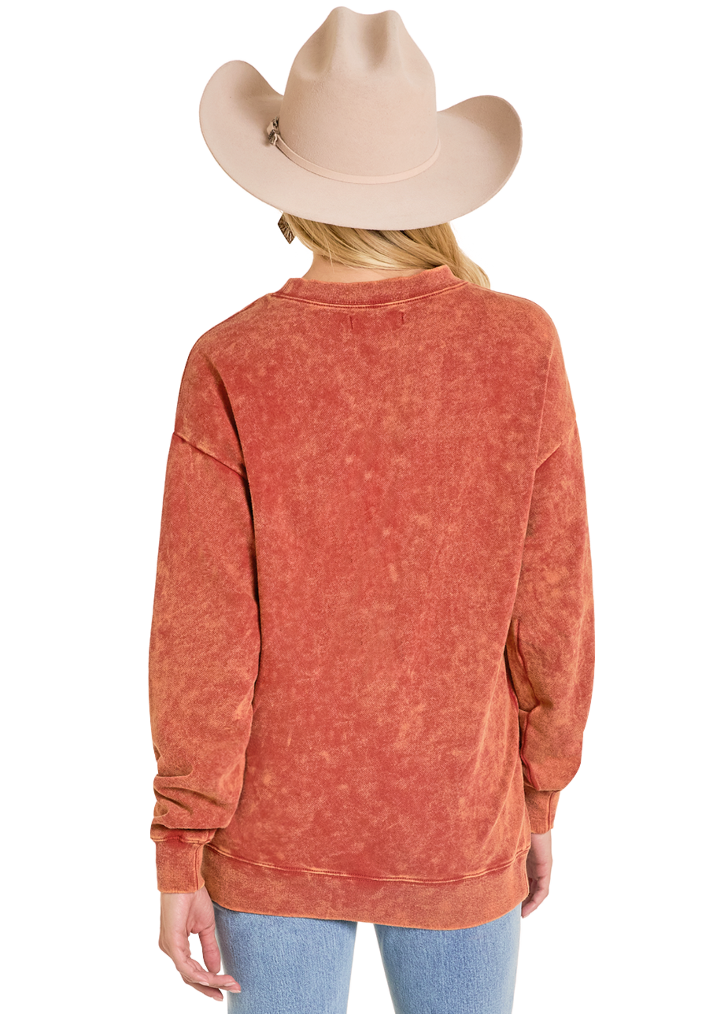 Person wearing a red-brown sweatshirt and beige cowboy hat on a white background