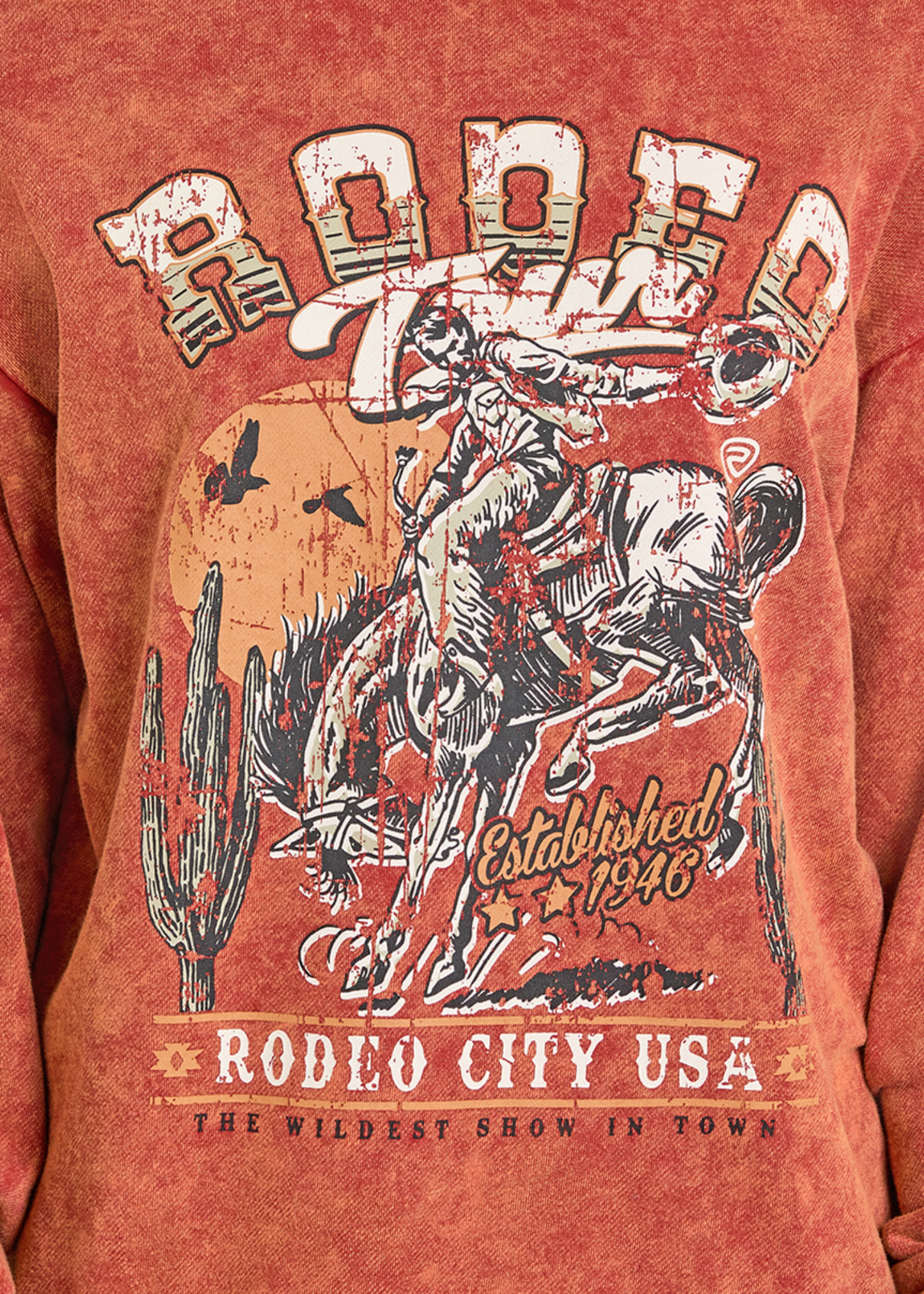 Red sweatshirt with a graphic of a cowboy riding a bucking bronco and text 'Rodeo City USA' on a red background.