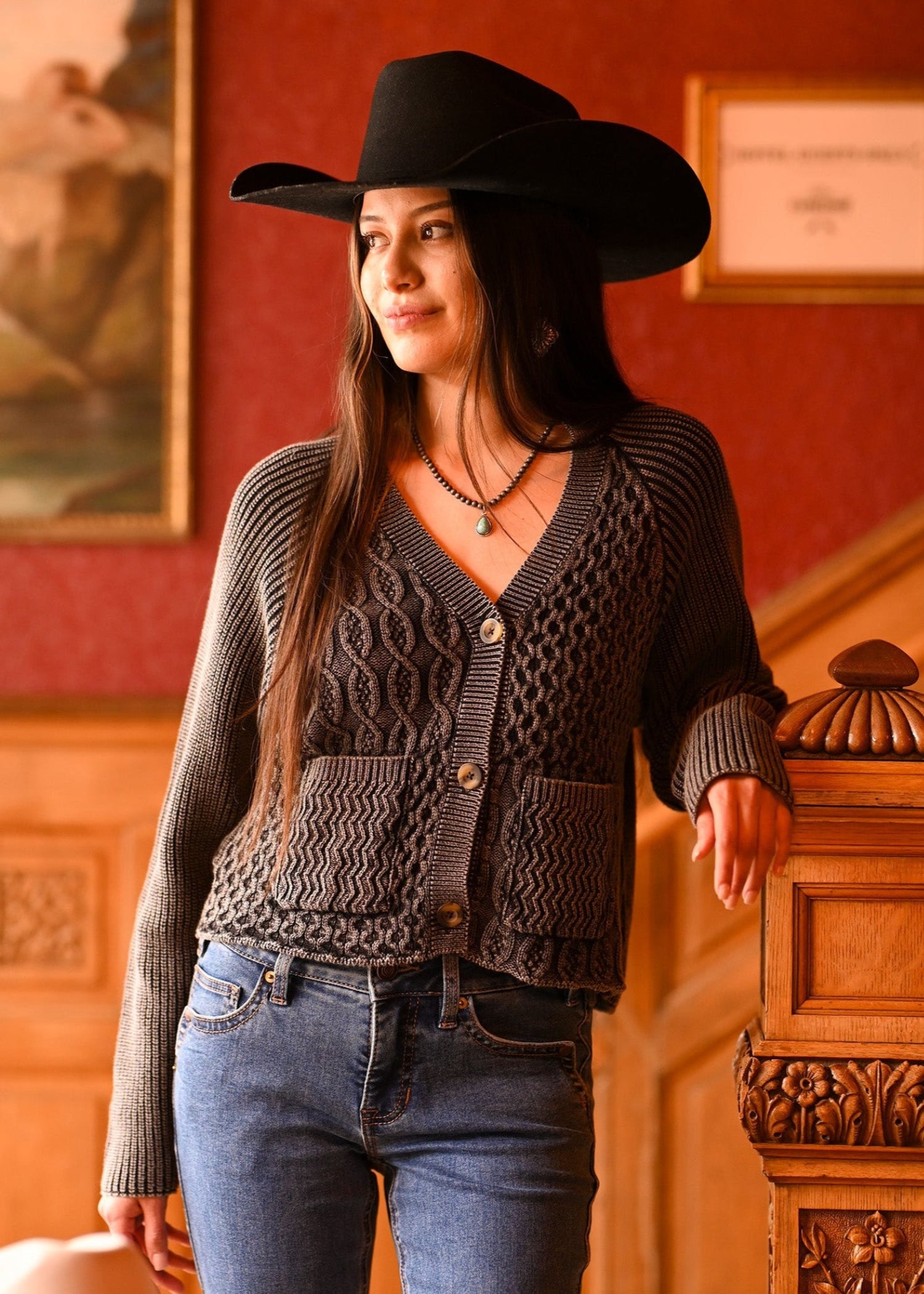 Women's Cord Knit Cardigan Sweater Rock Roll Denim - Main Image