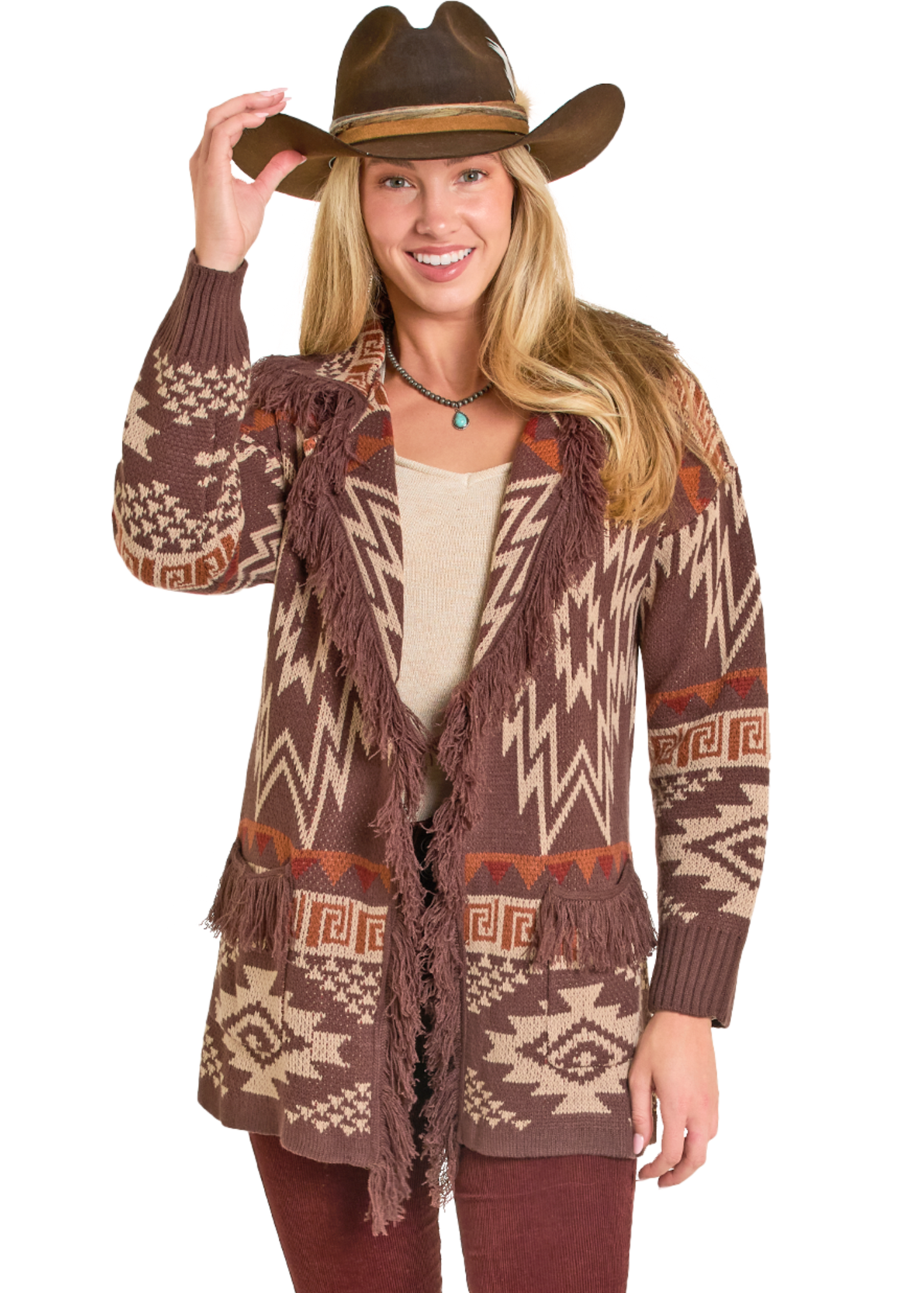 Woman wearing a patterned brown cardigan and cowboy hat on a white background