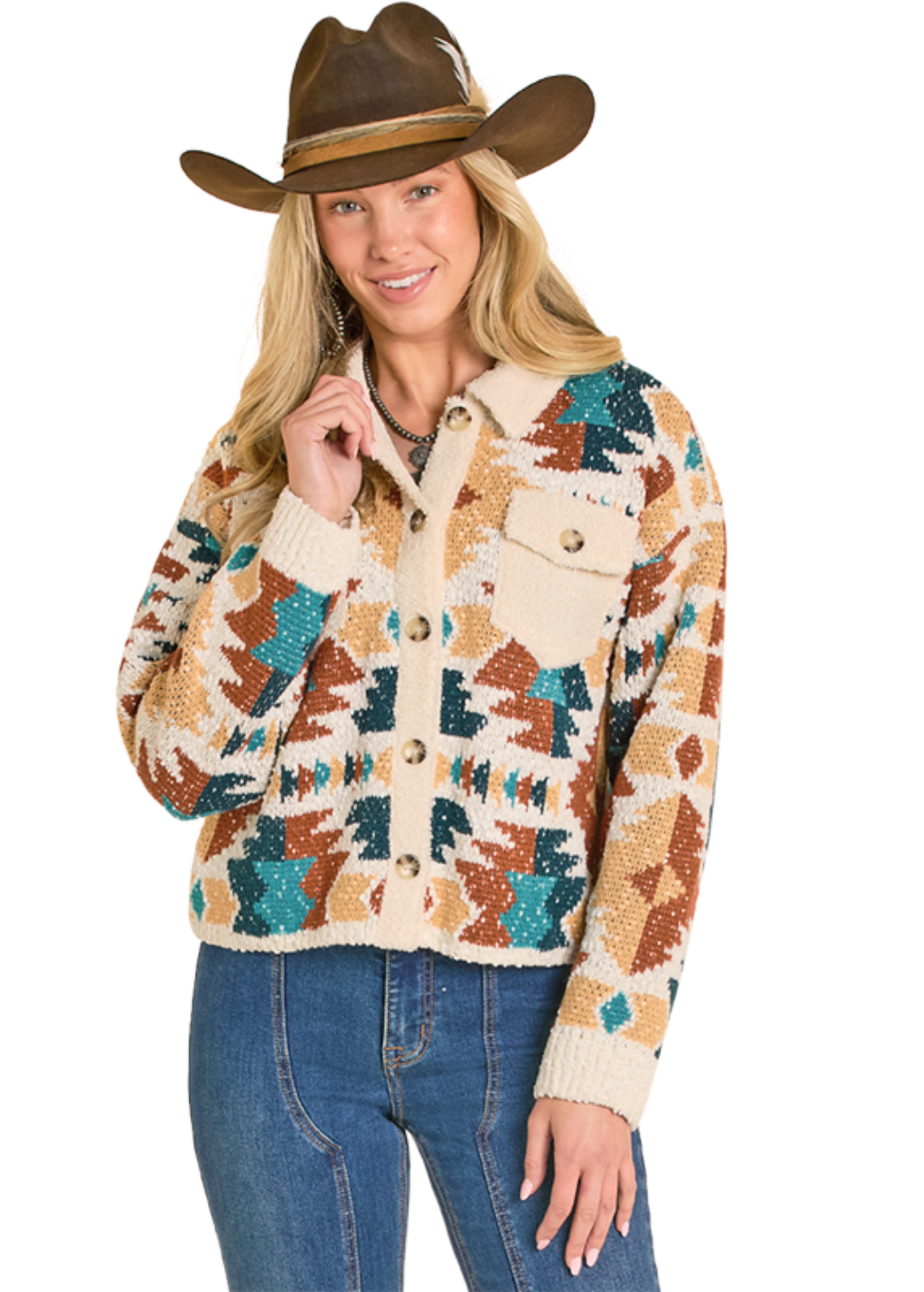 Woman wearing a patterned cardigan and cowboy hat on a white background