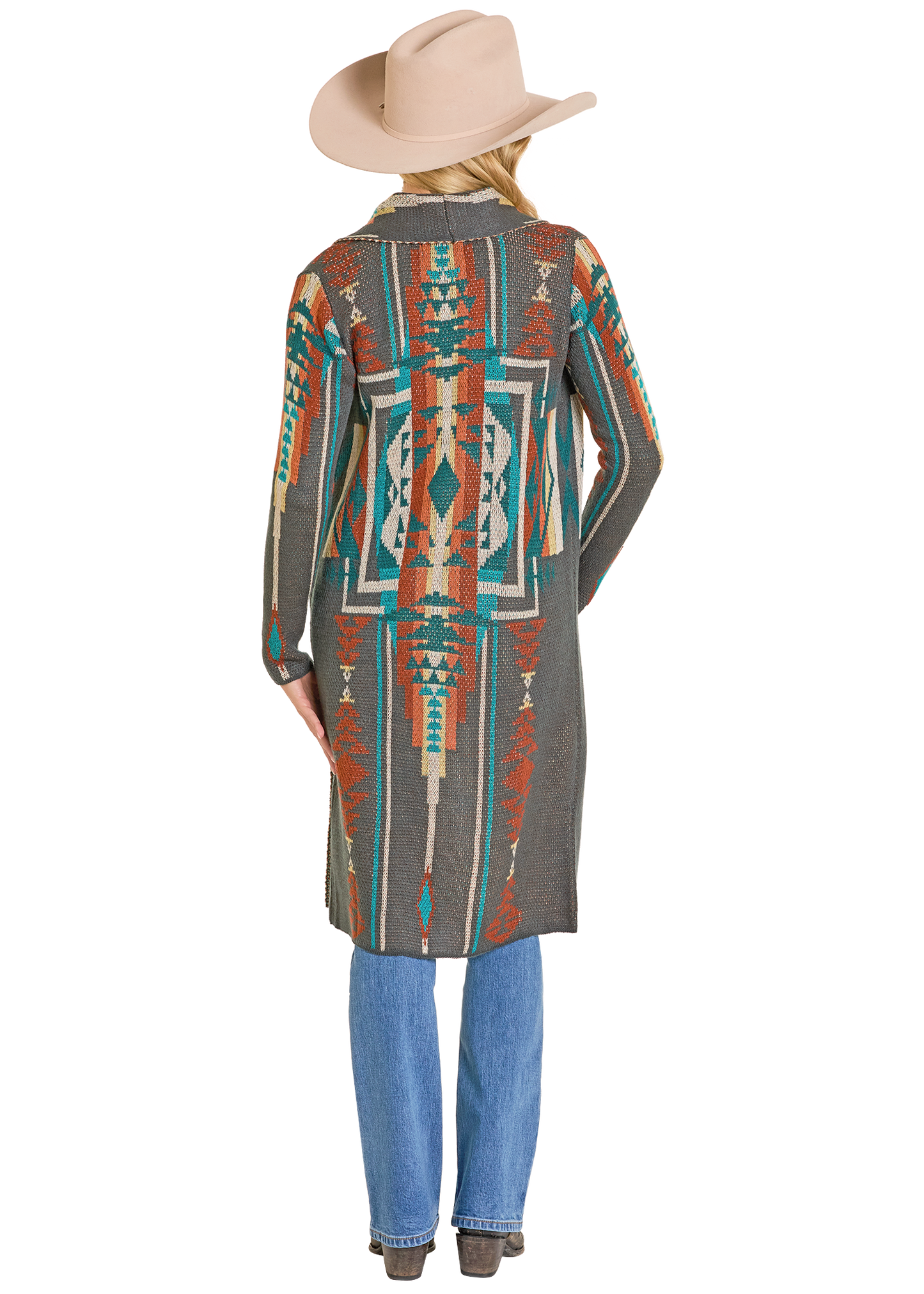 Person wearing a patterned long coat with a white background