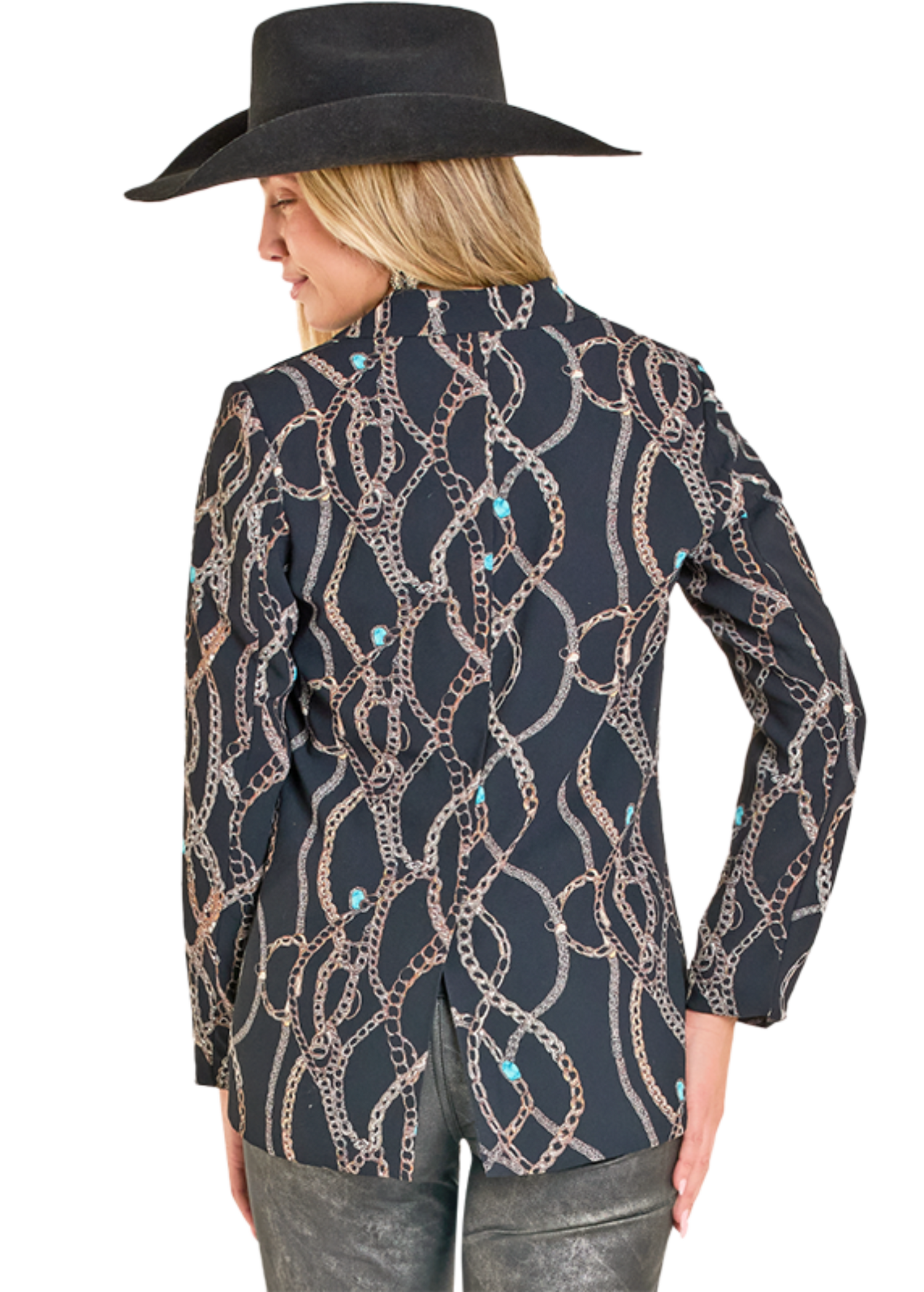 Person wearing a patterned shirt and black hat on a white background