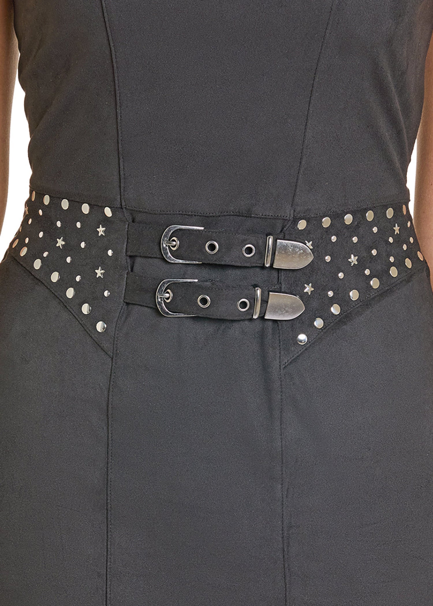 Black dress with star-studded belt and silver buckle