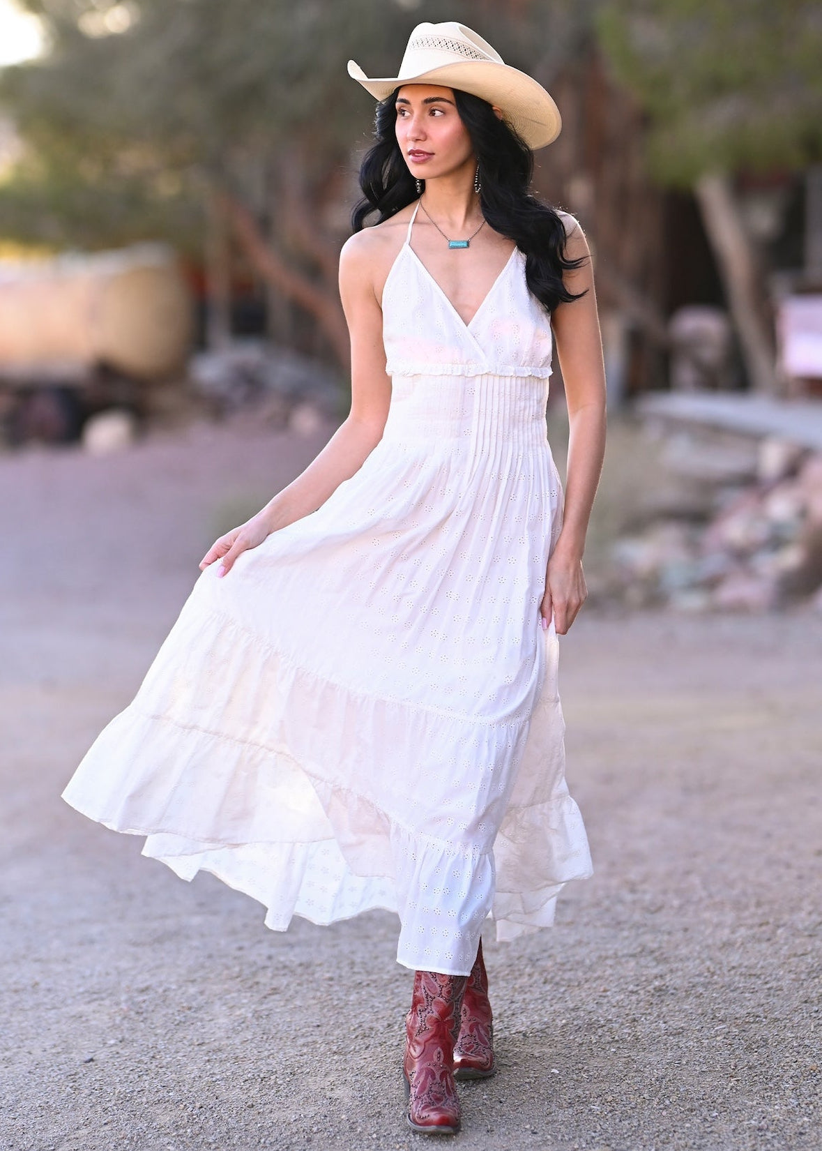Women's Eyelet Halter Maxi Dress