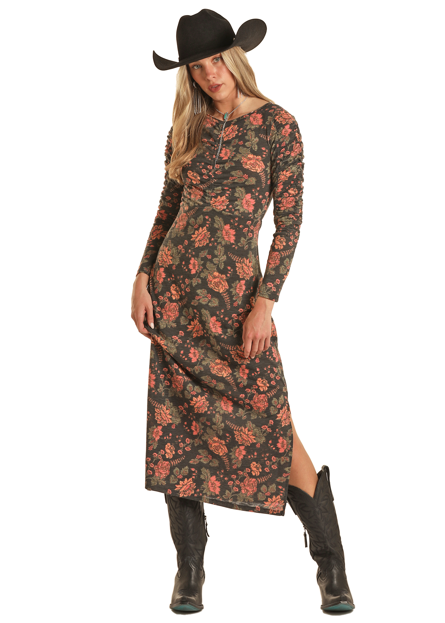 Floral Print Ruched Midi Dress